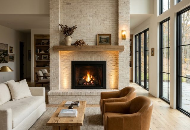 A bright, airy living room featuring an interior brick masonry finish with Romabio Classico Limewash and warm 2700K ambient lighting.