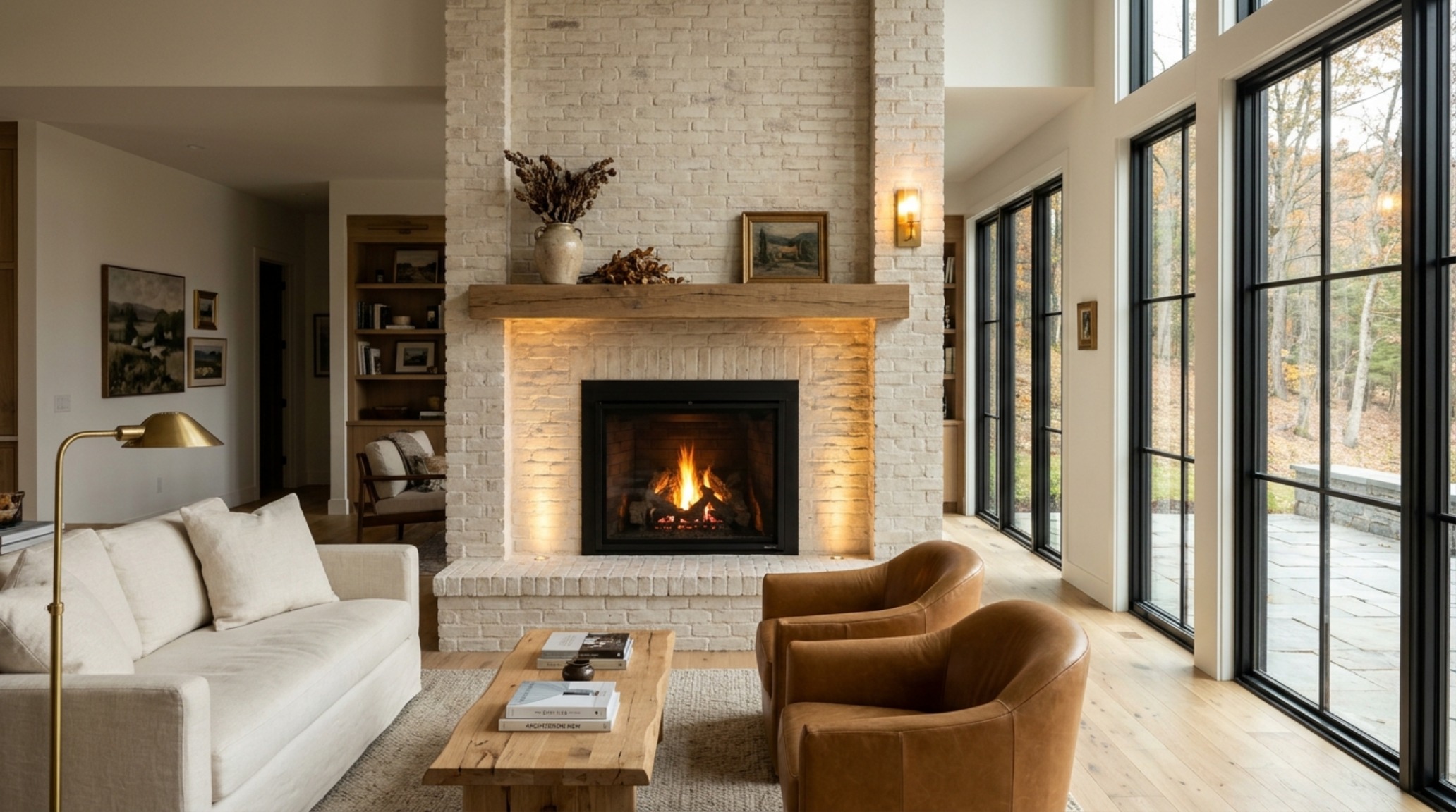 A bright, airy living room featuring an interior brick masonry finish with Romabio Classico Limewash and warm 2700K ambient lighting. A bright, airy living room featuring an interior brick masonry finish with Romabio Classico Limewash and warm 2700K ambient lighting.