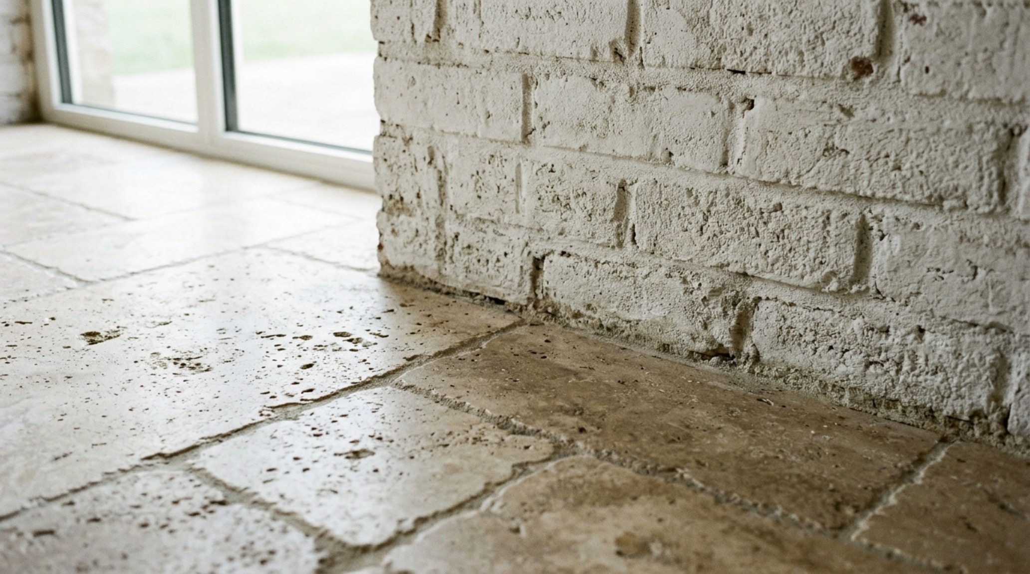 Detail of honed travertine flooring meeting a mineral-painted brick wall, demonstrating a monochromatic organic modern palette. Detail of honed travertine flooring meeting a mineral-painted brick wall, demonstrating a monochromatic organic modern palette.