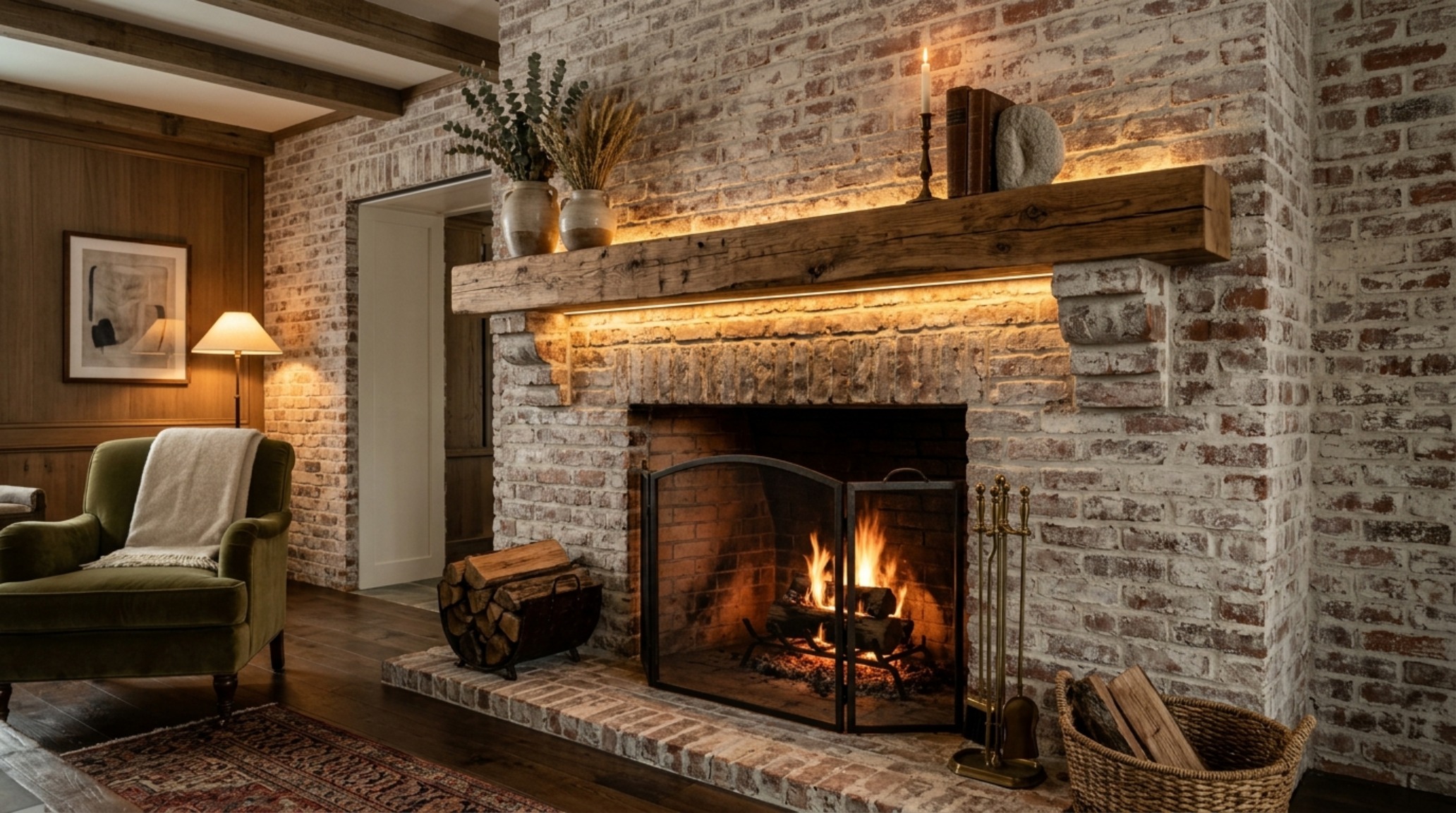 Architectural view of a limewash brick fireplace makeover with grazing light highlighting the irregular texture and mortar joints. Architectural view of a limewash brick fireplace makeover with grazing light highlighting the irregular texture and mortar joints.
