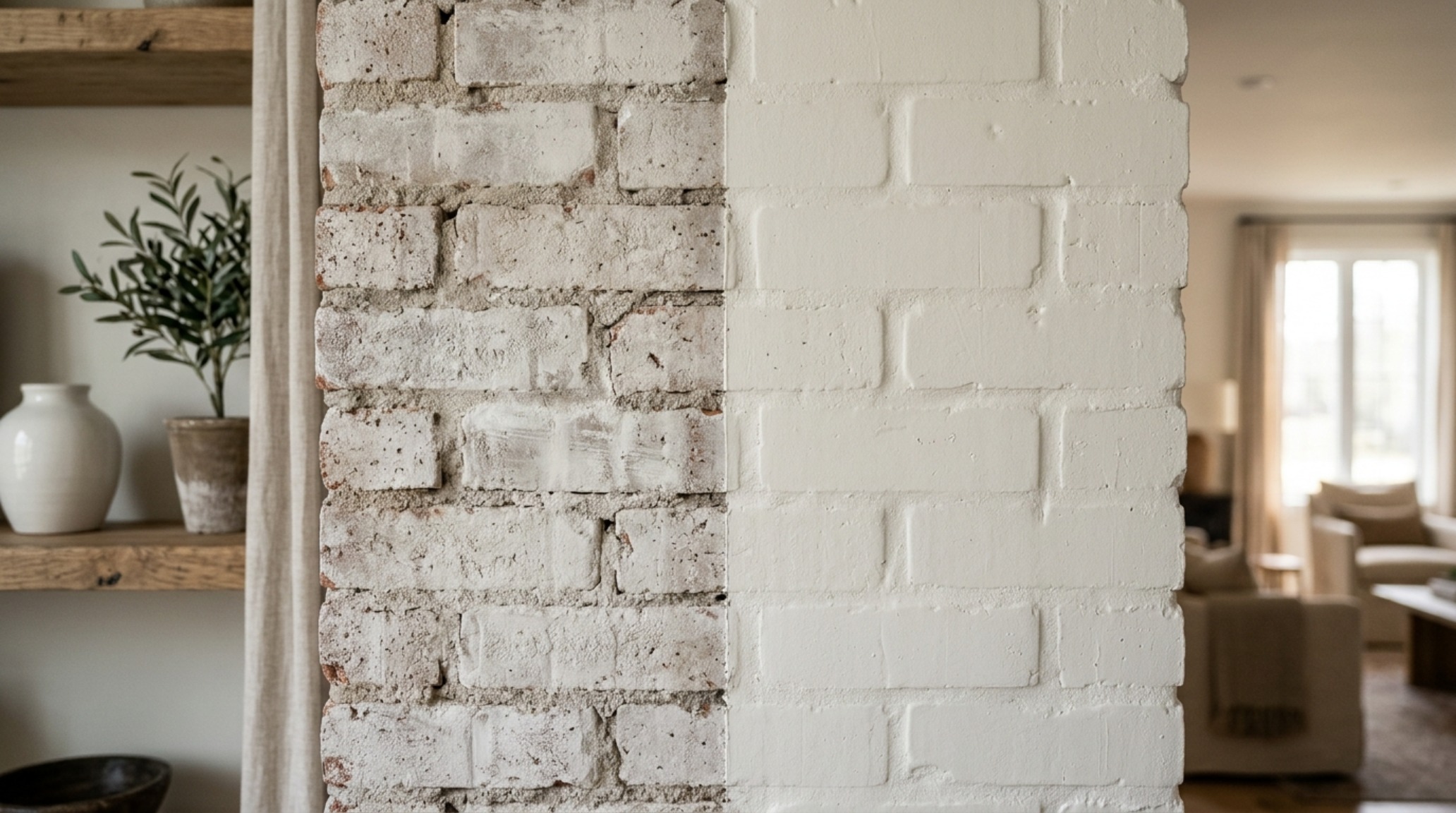 Detailed shot of limewash vs paint for brick illustrating the soft-wash technique and natural mineral patina on original masonry. Detailed shot of limewash vs paint for brick illustrating the soft-wash technique and natural mineral patina on original masonry.