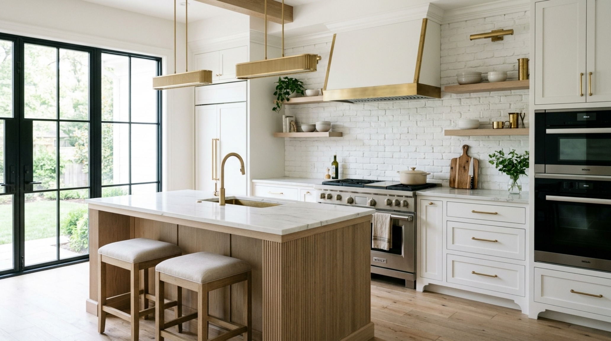 Modern kitchen featuring a painted brick backsplash with unlacquered brass fixtures and fluted white oak cabinetry. Modern kitchen featuring a painted brick backsplash with unlacquered brass fixtures and fluted white oak cabinetry.