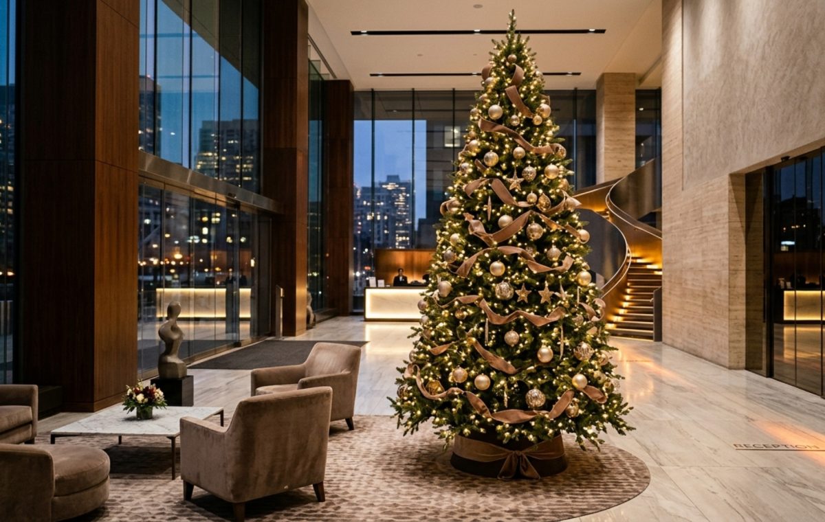 professional lobby christmas trees standing 12 feet tall in a high-ceiling atrium with warm 2700K LED lighting and mocha mousse velvet ribbons