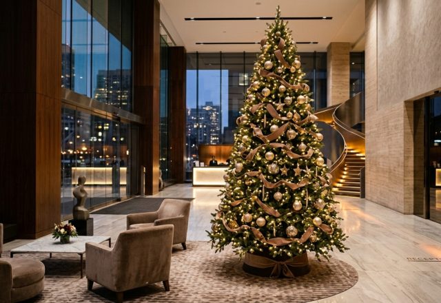 professional lobby christmas trees standing 12 feet tall in a high-ceiling atrium with warm 2700K LED lighting and mocha mousse velvet ribbons