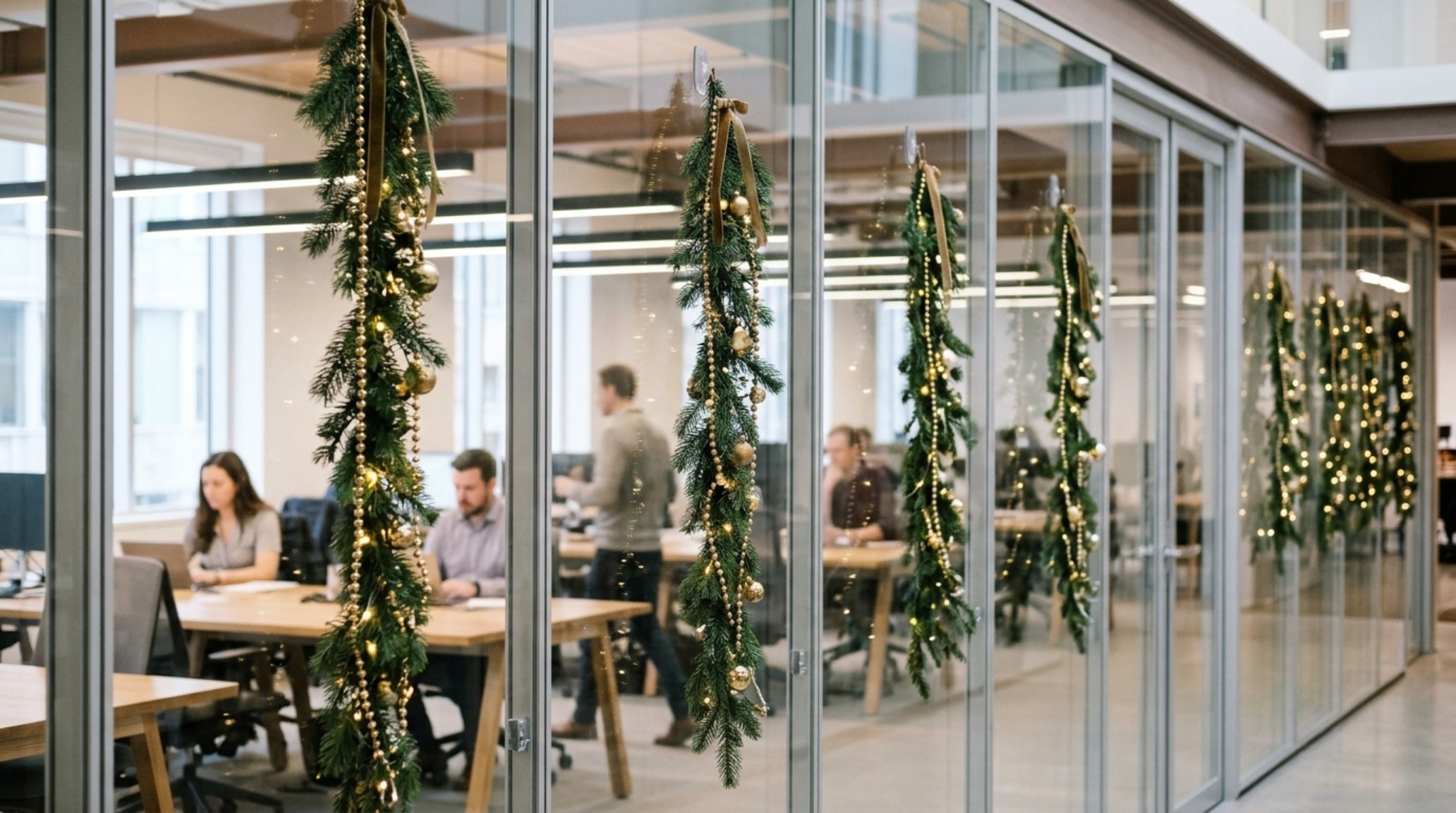 space-saving office ornaments as vertical garlands hung along a glass partition, maintaining clear sightlines across the open-plan office