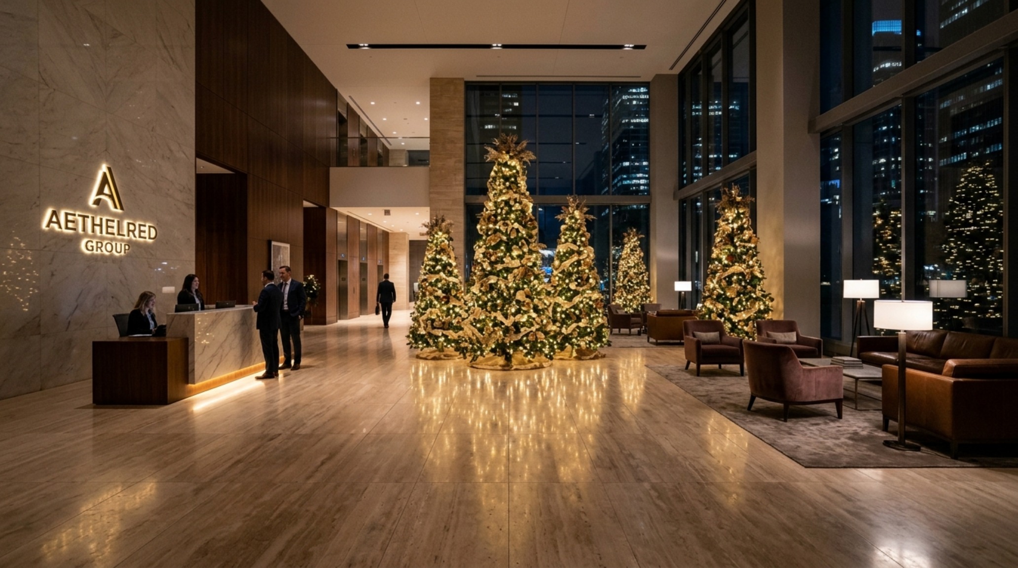 professional lobby christmas trees reflecting in a polished stone floor with indirect warm-dim lighting creating a luxury hotel lobby atmosphere