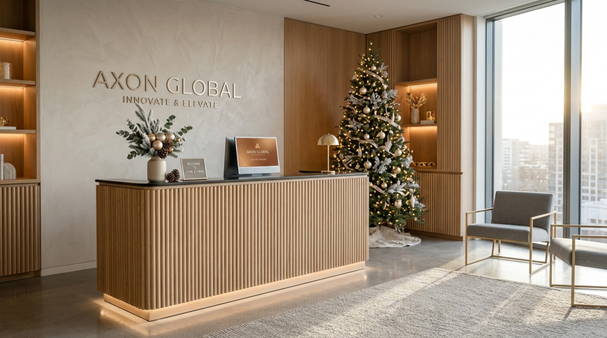 brand-integrated holiday design featuring a reception desk with fluted white oak panels, champagne gold ornaments, and a custom mocha-colored floral arrangement