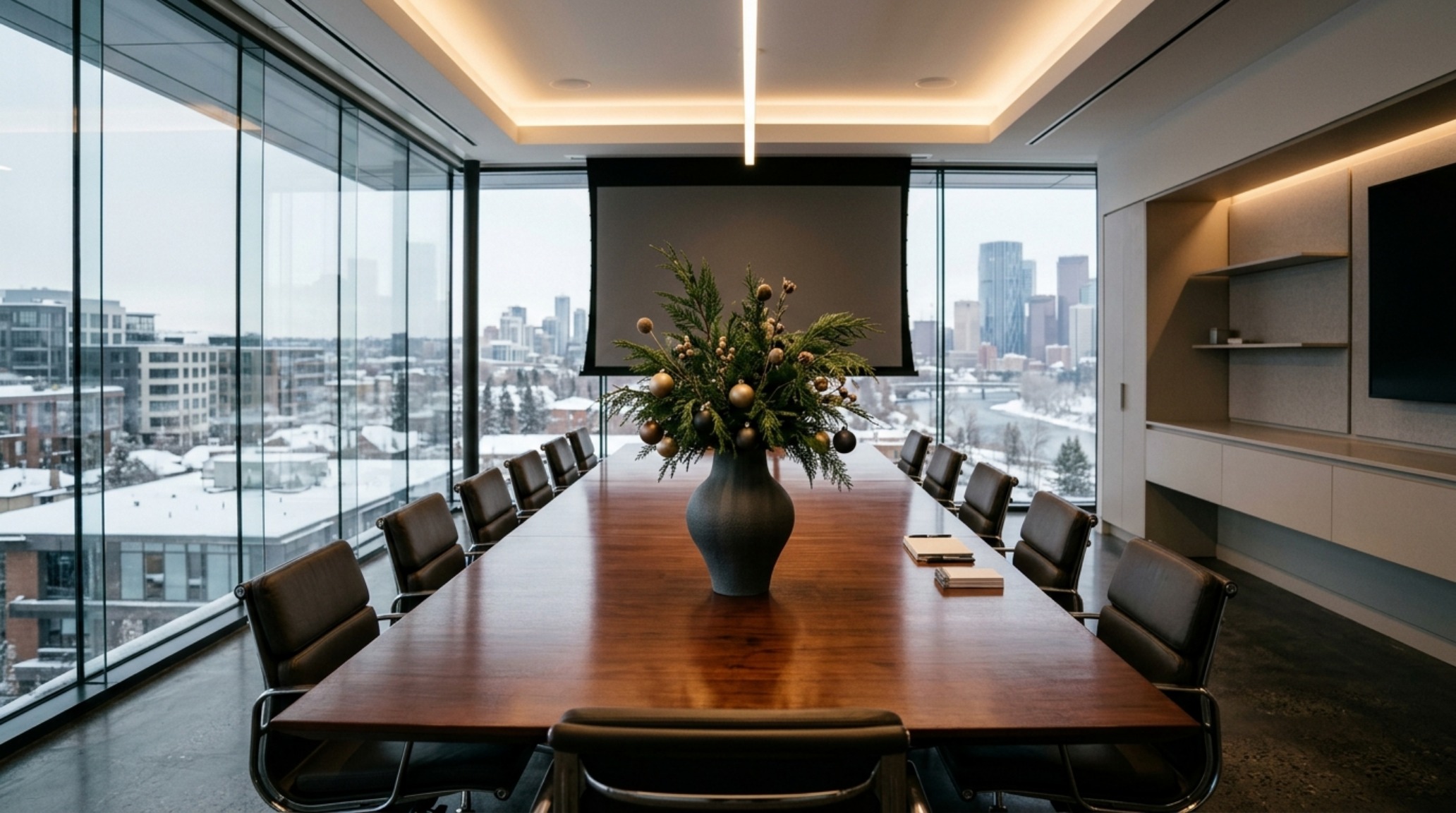 minimalist corporate winter decor in a glass-walled conference room with a singular centerpiece of matte glass spheres and cedar sprigs on a mahogany table