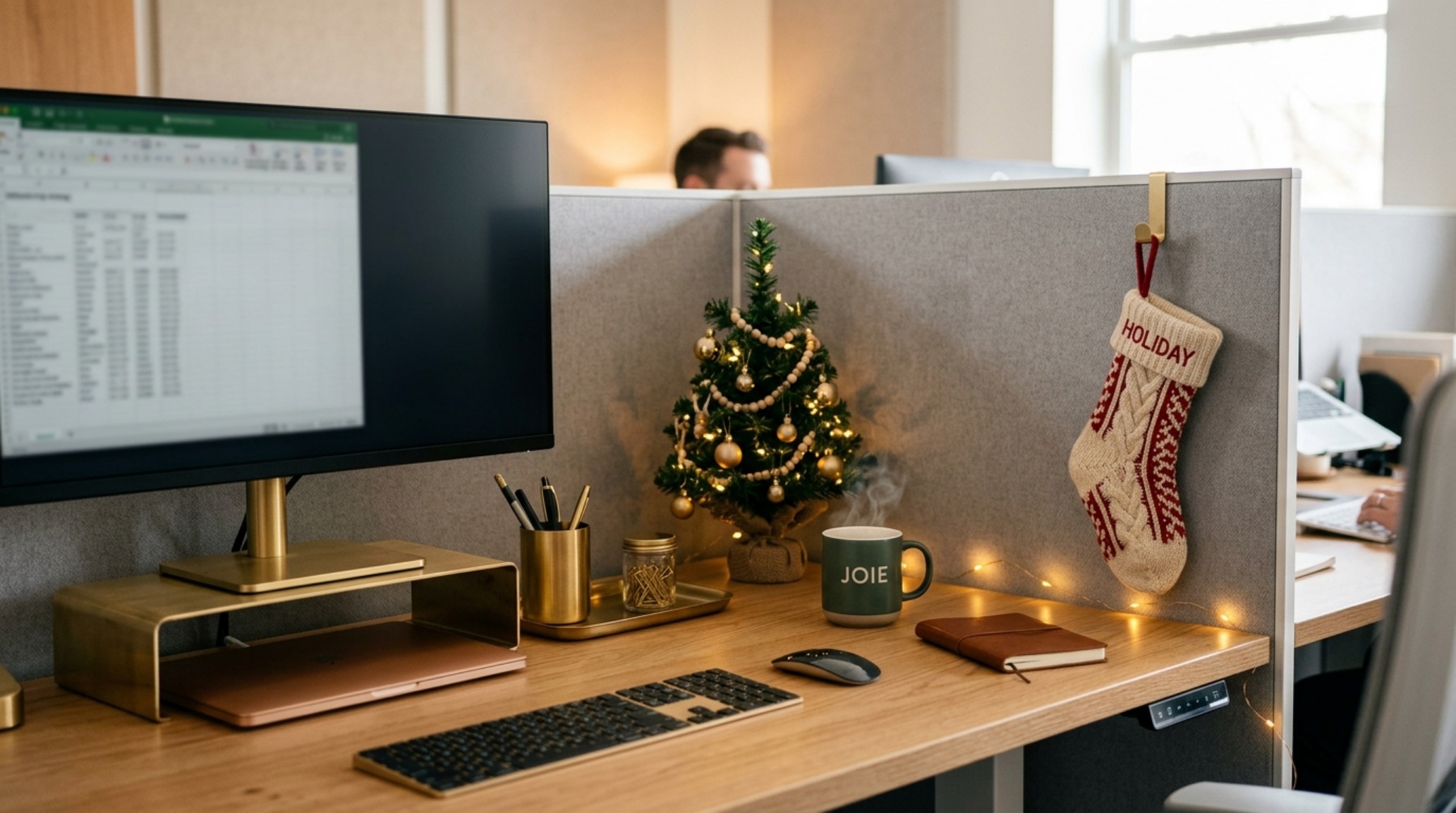 modern cubicle christmas decor highlighting a tidy workstation with a brass-finished desk lamp, a small wool-knit stocking, and a single ceramic pine tree