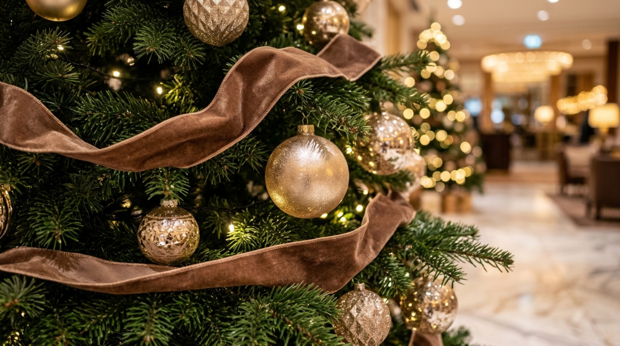 professional lobby christmas trees detail shot showing the texture of non-shedding Nordic pine needles and the soft glow of high CRI fairy lights