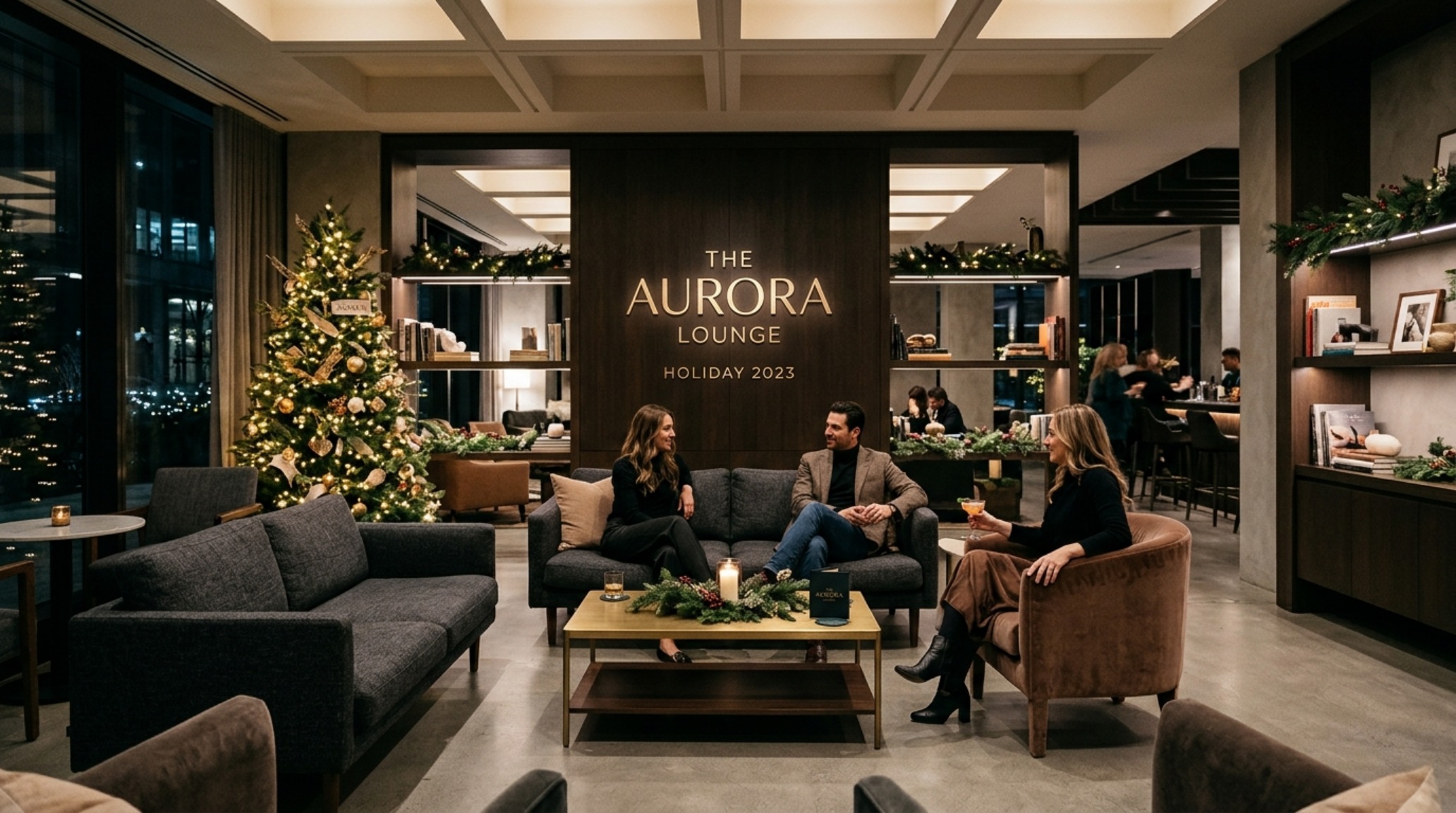 brand-integrated holiday design concept showing a breakroom area with mocha mousse throw pillows and a low-profile coffee table with 18-inch clearance