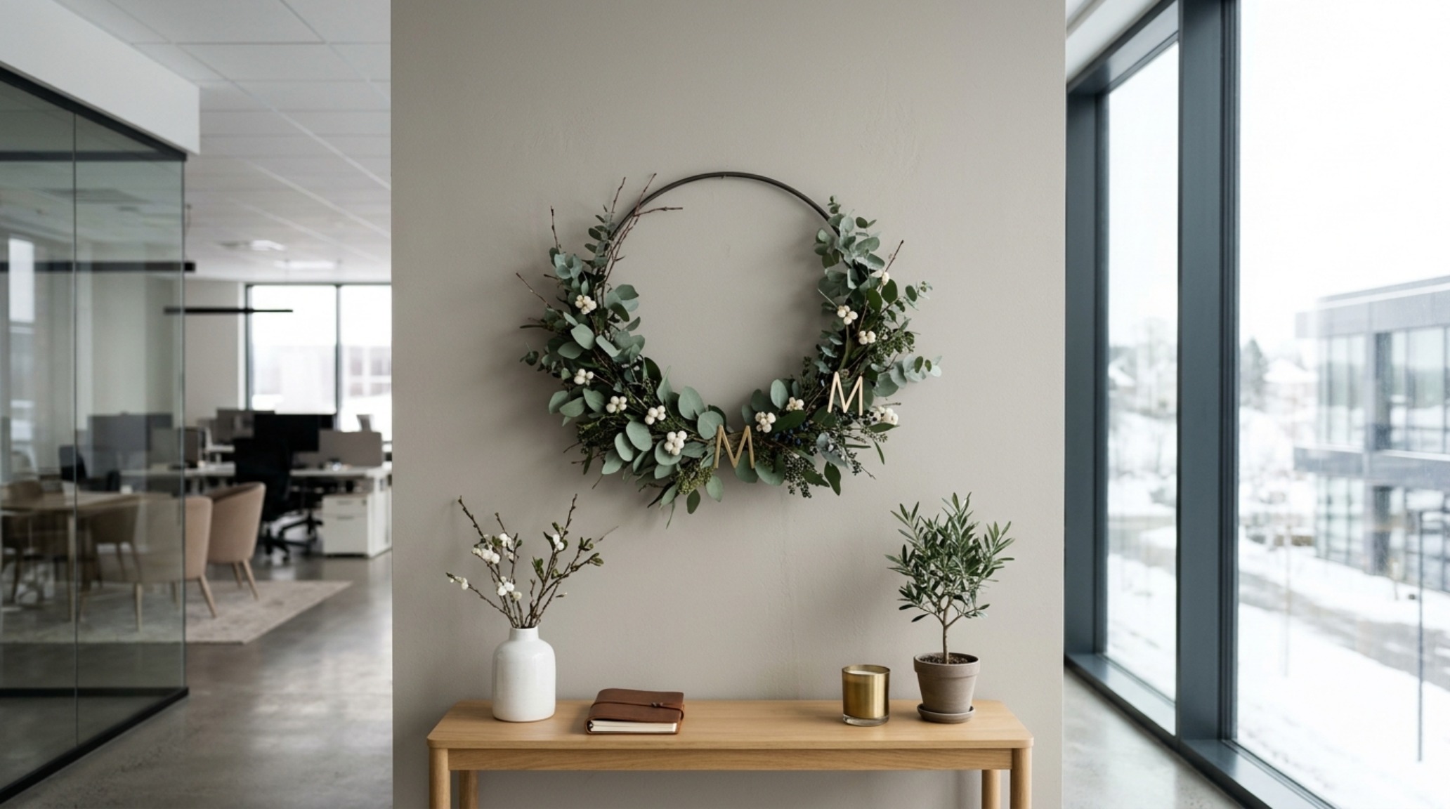 minimalist corporate winter decor focus on a wall-mounted wreath made of eucalyptus and dried orange slices against a Swiss Coffee painted wall