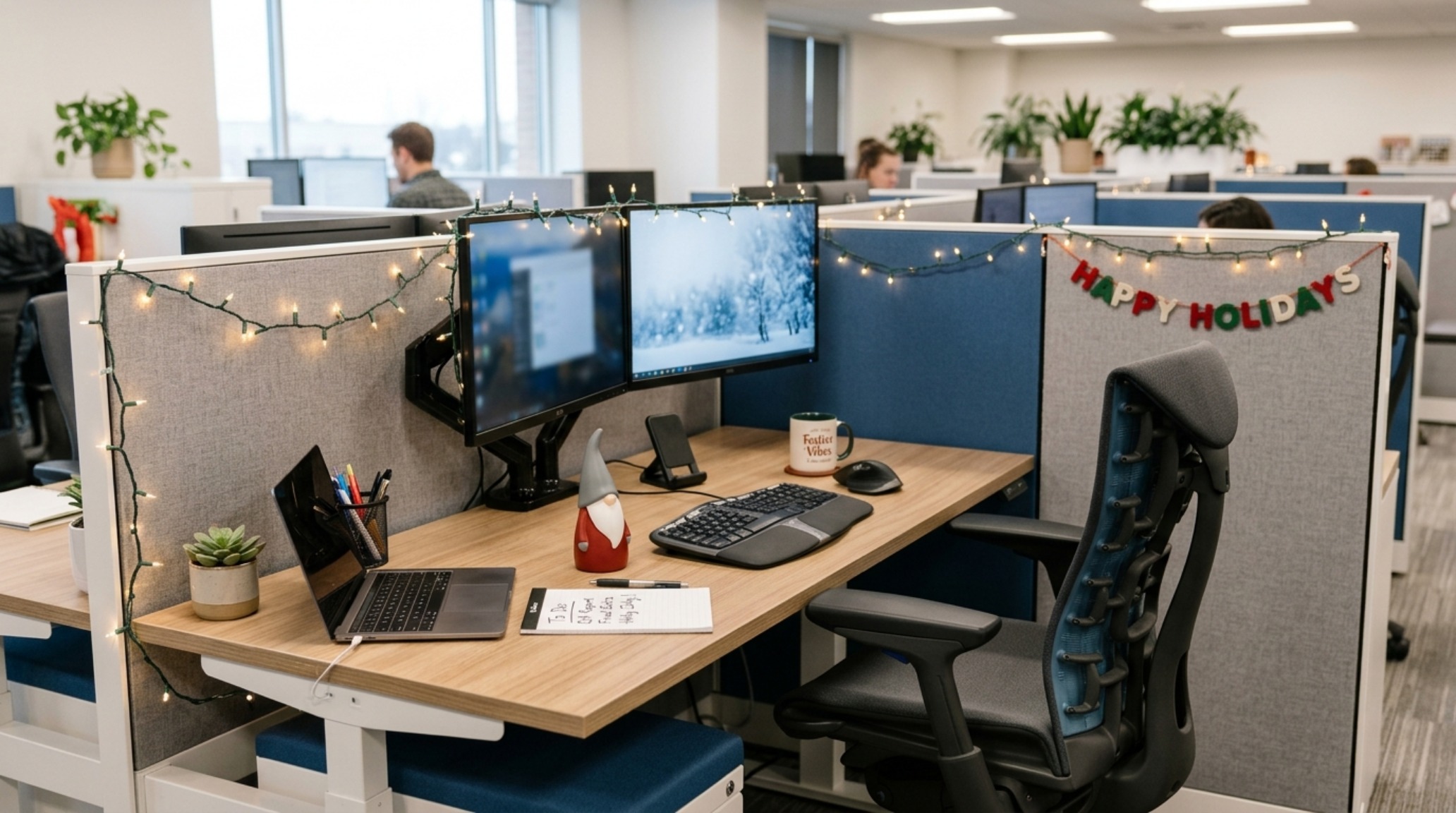 modern cubicle christmas decor showcasing a small succulent arrangement with a champagne gold ribbon on a white ergonomic desk