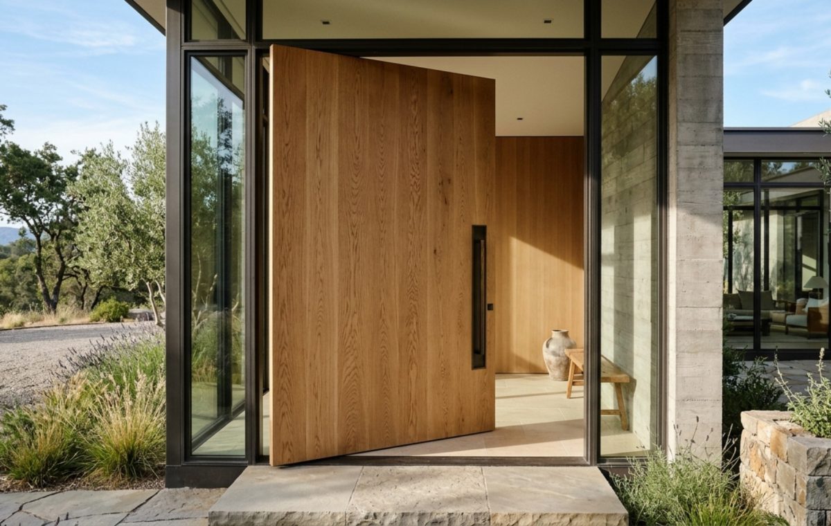 modern front door designs 2025 featuring a massive white oak pivot door with vertical grain and a custom recessed bronze handle.