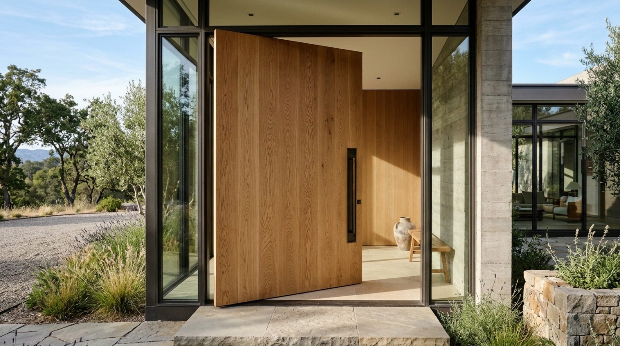 modern front door designs 2025 featuring a massive white oak pivot door with vertical grain and a custom recessed bronze handle. modern front door designs 2025 featuring a massive white oak pivot door with vertical grain and a custom recessed bronze handle.