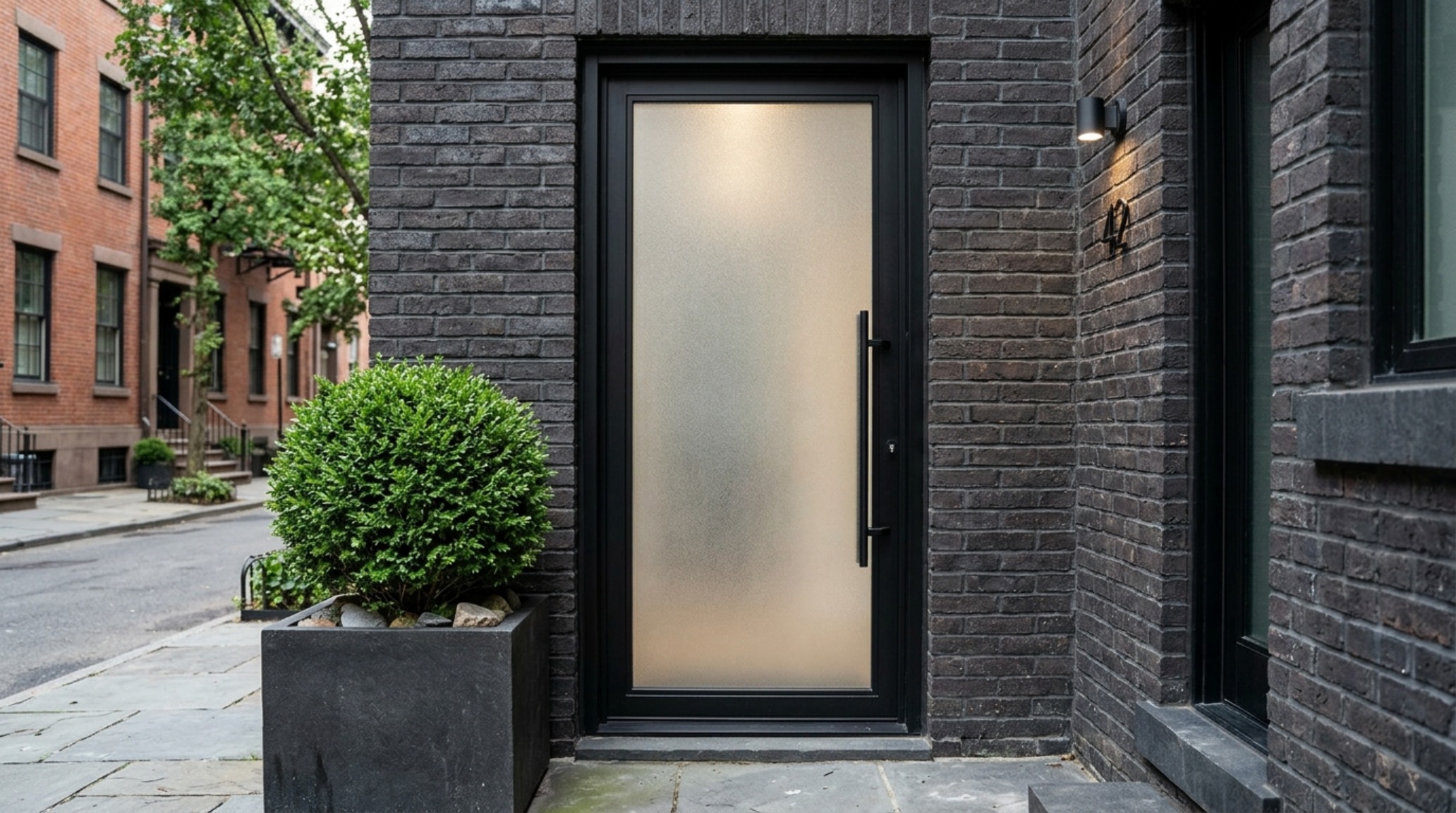 black steel and glass front doors featuring an industrial-sized frame and sandblasted privacy panels for a city townhouse entrance. black steel and glass front doors featuring an industrial-sized frame and sandblasted privacy panels for a city townhouse entrance.