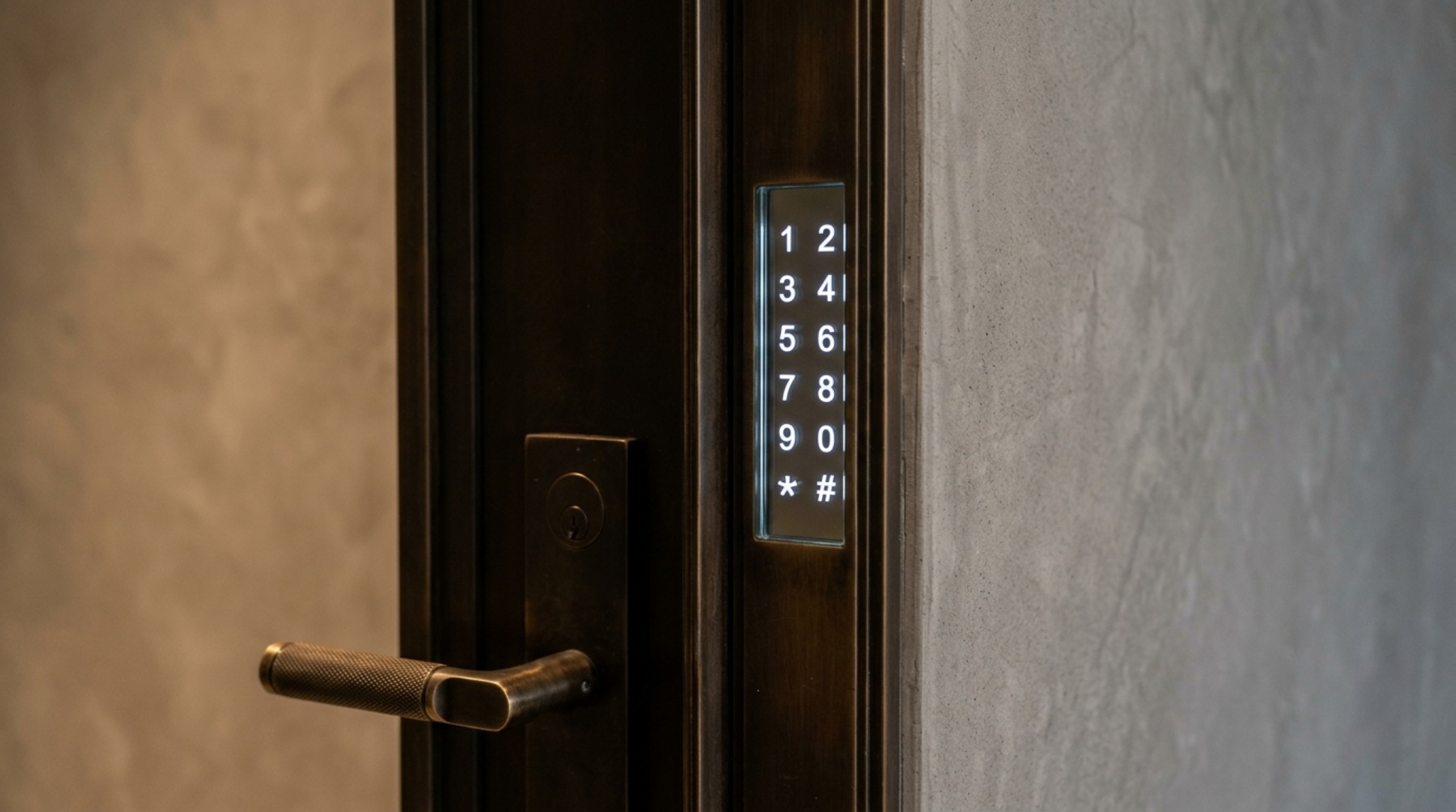 smart front door security systems featuring a sleek touch-sensitive glass panel hidden within a dark bronze door frame for keyless entry. smart front door security systems featuring a sleek touch-sensitive glass panel hidden within a dark bronze door frame for keyless entry.