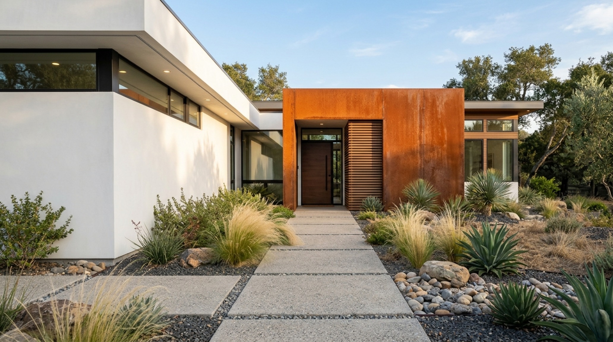 entryway curb appeal ideas showing a weathered Corten steel accent wall adjacent to a minimalist concrete walkway and desert landscaping. entryway curb appeal ideas showing a weathered Corten steel accent wall adjacent to a minimalist concrete walkway and desert landscaping.