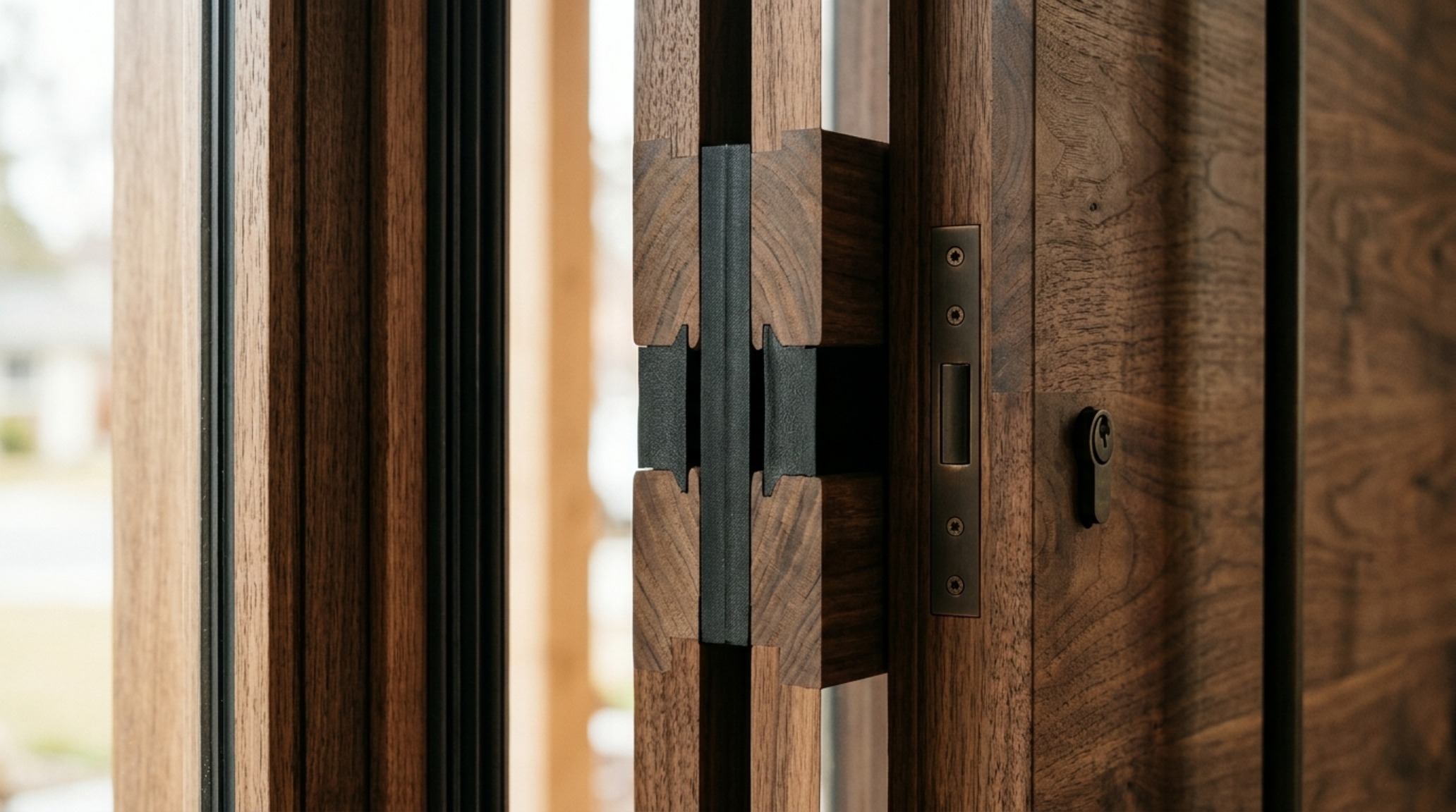 energy efficient entry door materials highlighting a thick walnut door with a thermal break and triple-paned glass inserts for maximum insulation. energy efficient entry door materials highlighting a thick walnut door with a thermal break and triple-paned glass inserts for maximum insulation.