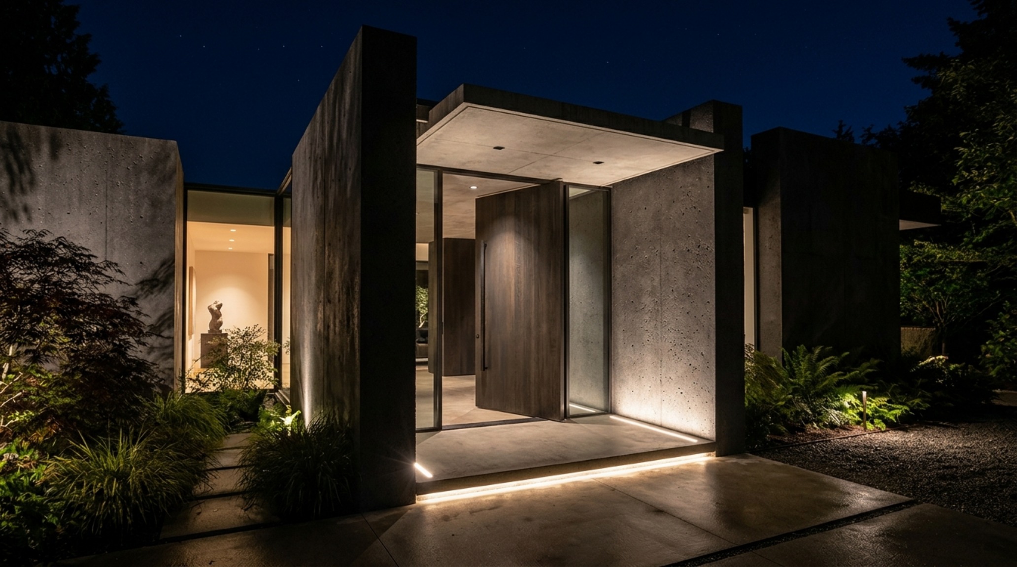 modern front door designs 2025 showcased in a monolithic charcoal concrete entryway with integrated LED strip lighting at the floor plane. modern front door designs 2025 showcased in a monolithic charcoal concrete entryway with integrated LED strip lighting at the floor plane.