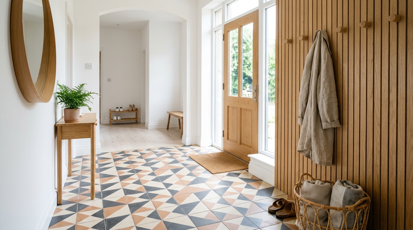 Interior design trends 2019 inspired entryway with a bold geometric floor tile pattern and a simple wooden wall peg rail.