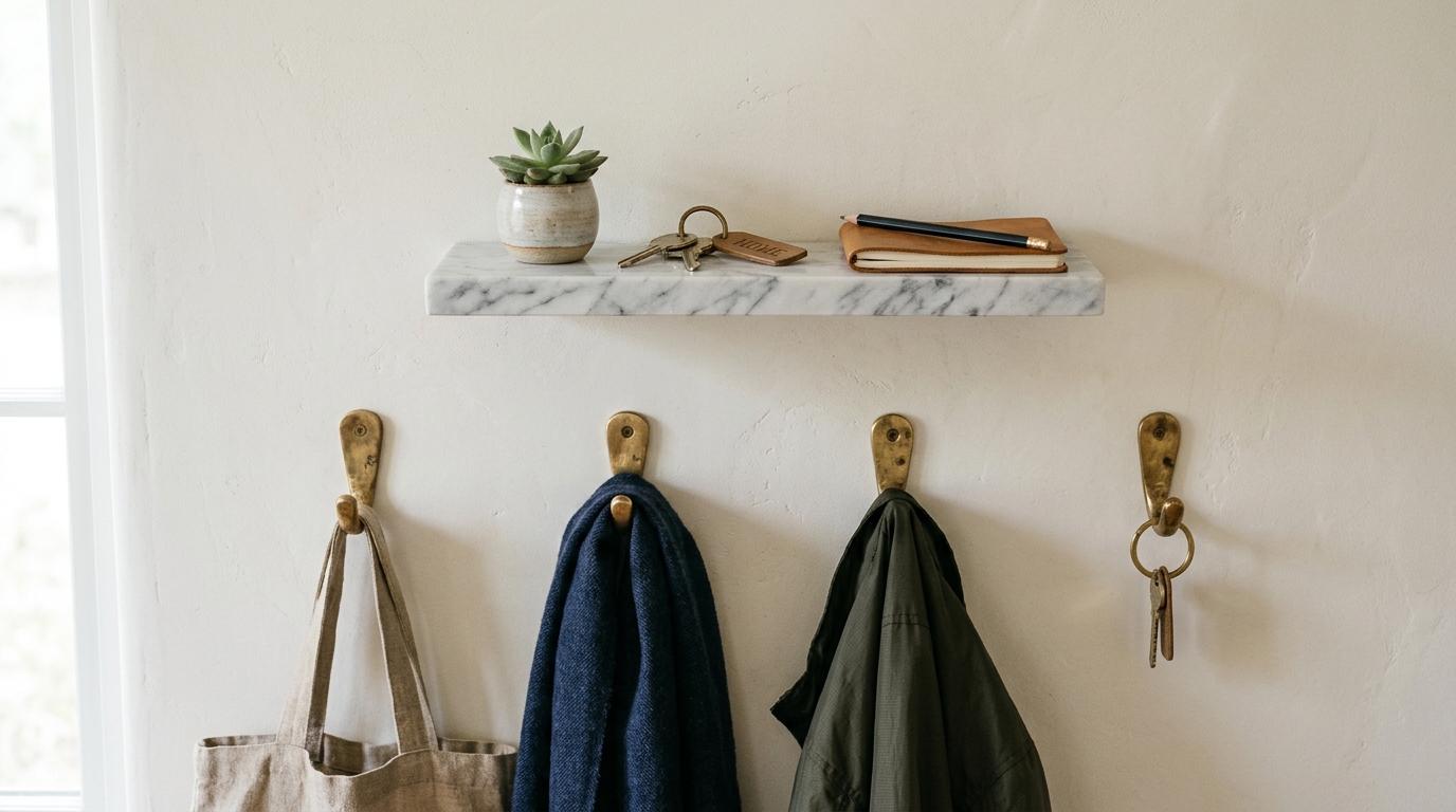 Detailed shot of unlacquered brass hooks and a small marble shelf for a minimalist and efficient 'drop zone' entryway.