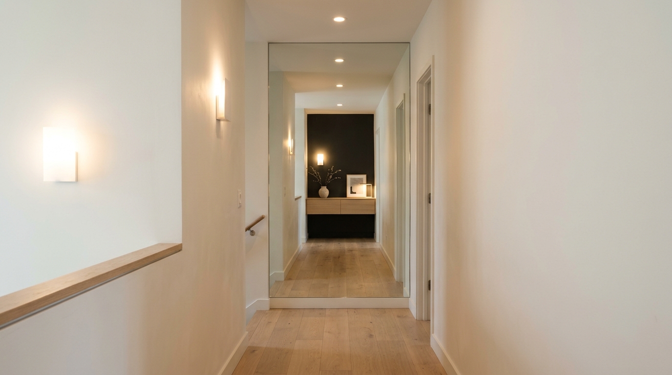 Elevated hallway design with a floor-to-ceiling mirror panel to create the illusion of double the spatial width in a narrow passage.