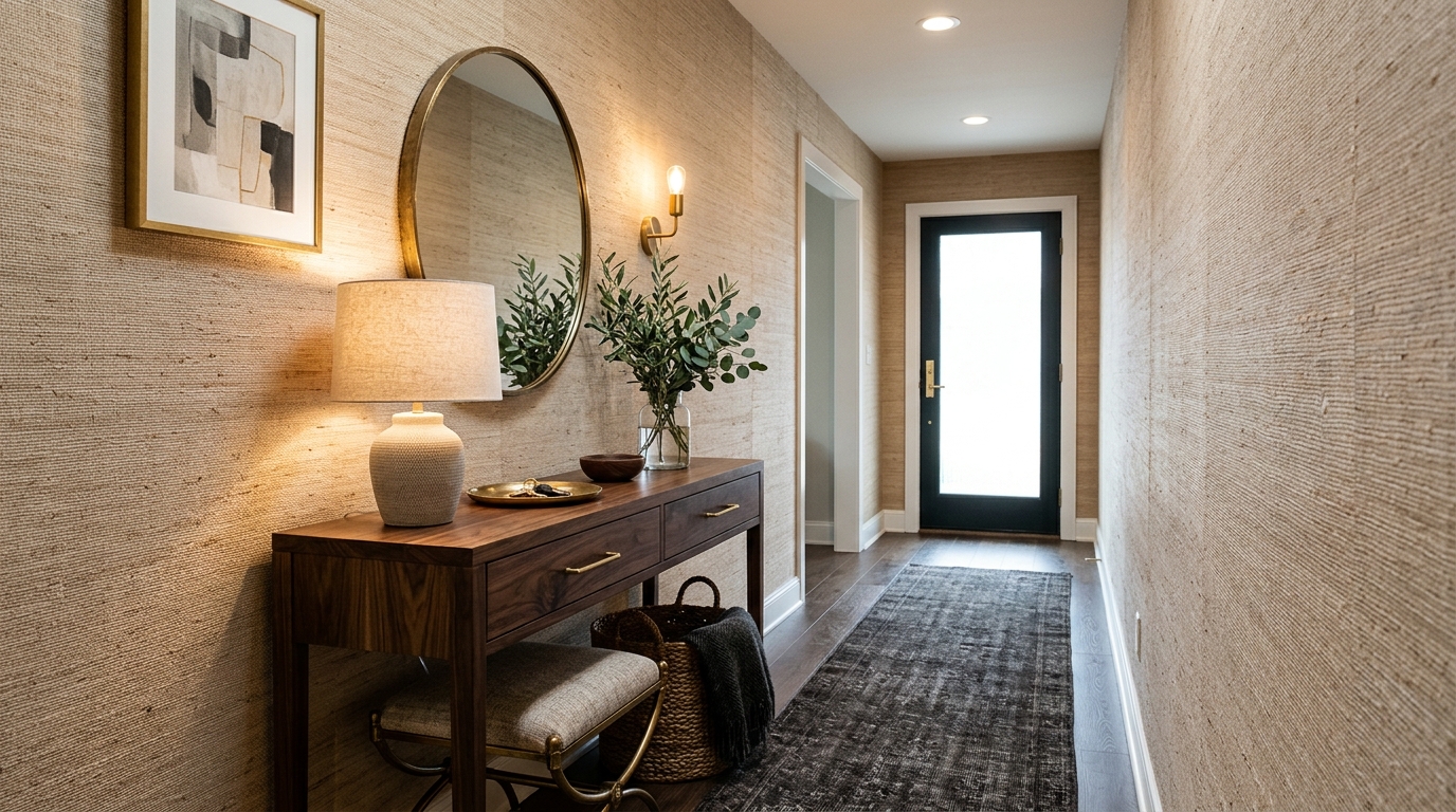 Rich textured entryway with grasscloth wallpaper, a dark wood narrow console, and an antique brass umbrella stand.