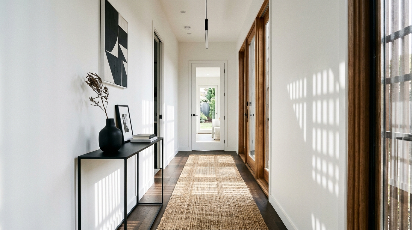 Clean minimalist hallway layout with white walls, black metal accents, and a natural sisal rug for a high-traffic entry.