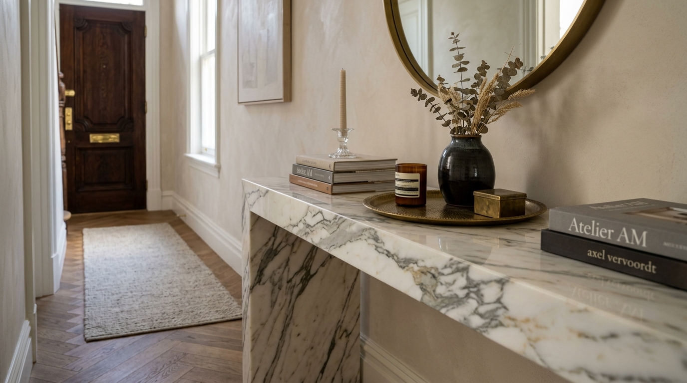Architectural details of a slim floating entryway cabinet with a waterfall edge in honed white marble.