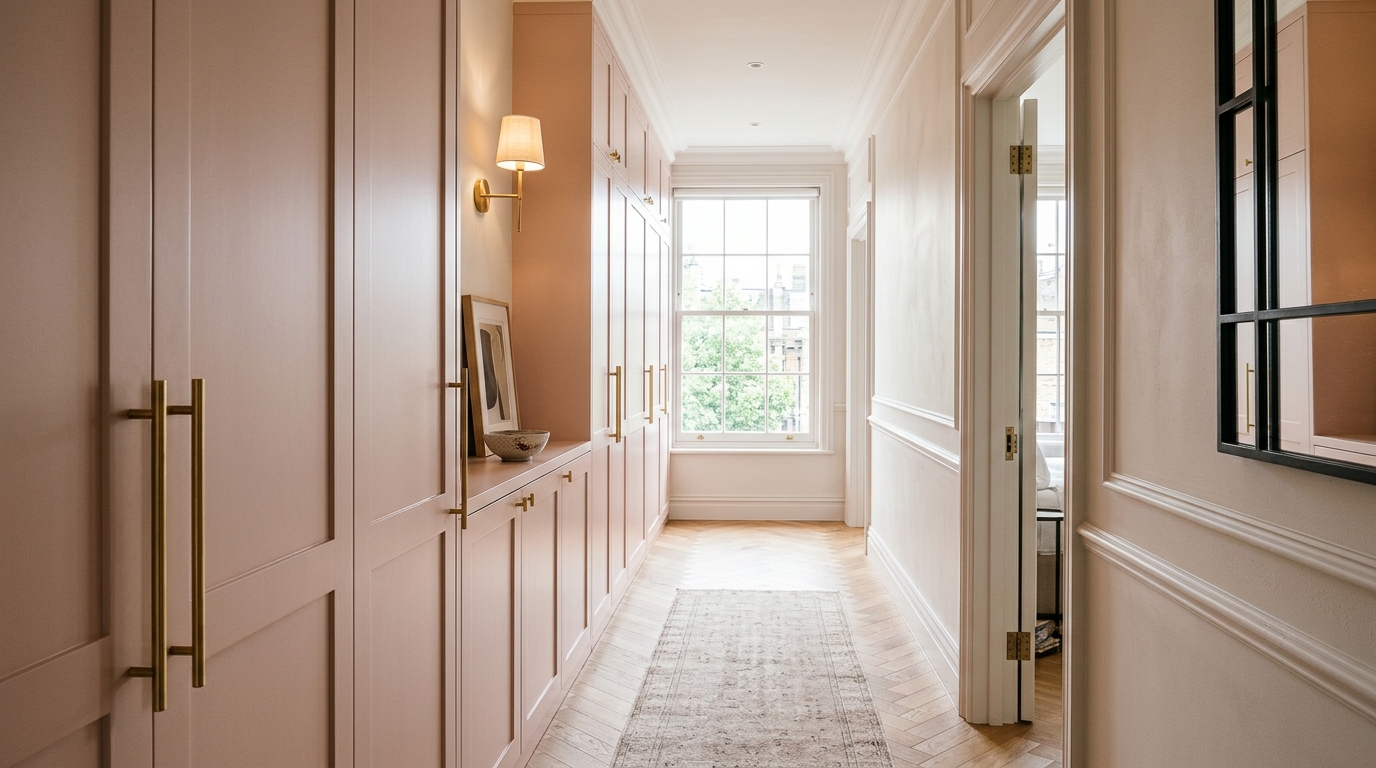Sophisticated hallway storage with tall built-in wardrobes finished in Farrow and Ball Setting Plaster to match the walls.