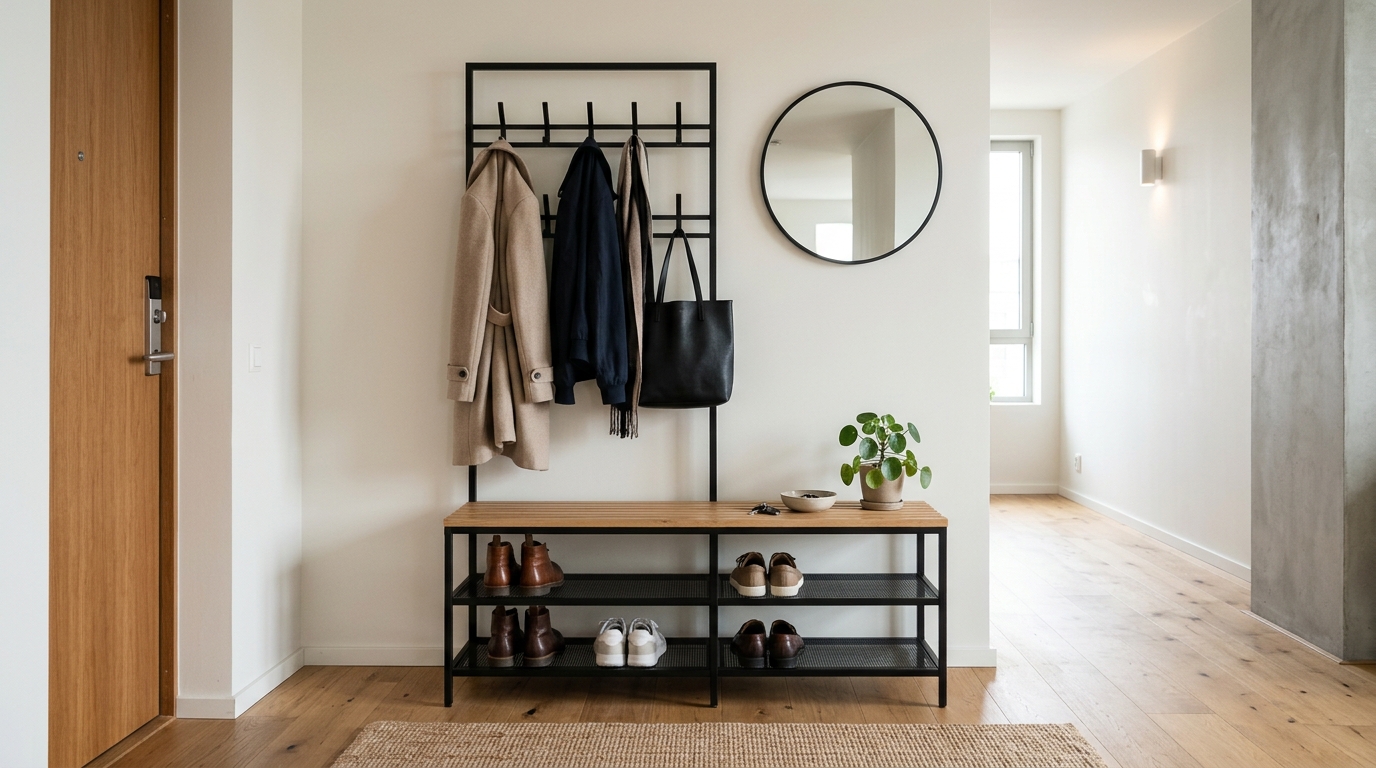 Minimalist entryway organization showing a sleek metal coat rack and a matching shoe rack in a tight urban apartment.