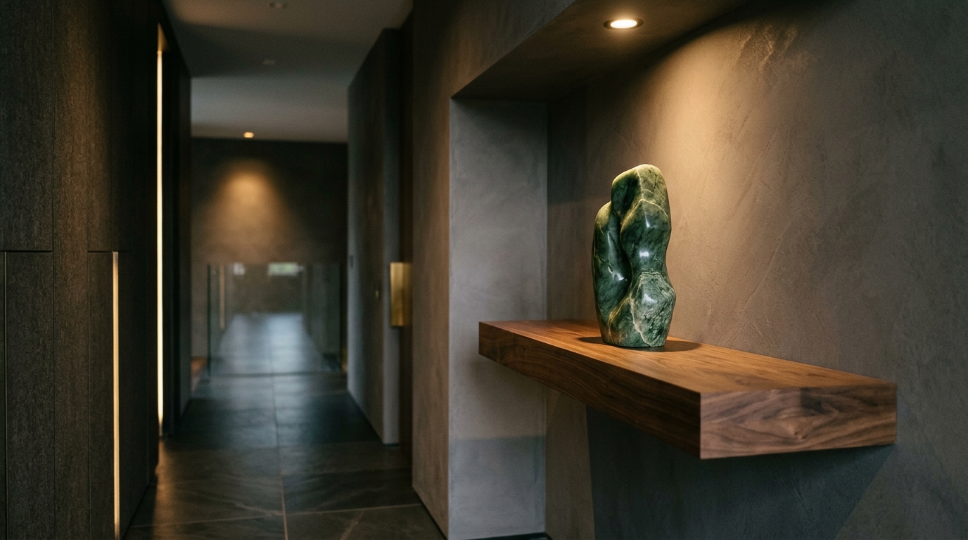 Luxurious foyer materials featuring a dark walnut floating shelf and a piece of raw emerald-colored geode as a sculptural anchor.