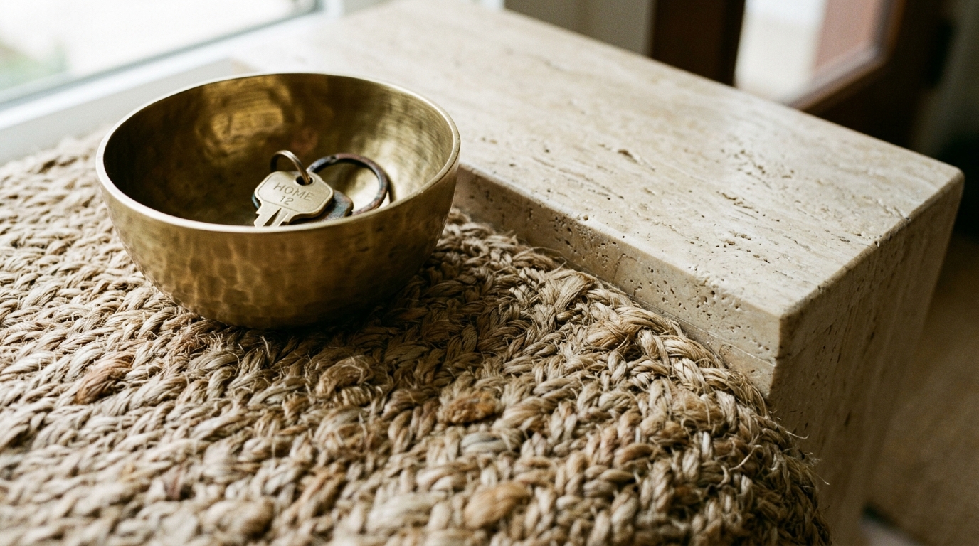 Close-up of tactile materials in a foyer including a chunky natural jute hallway runner rug and a honed travertine stone console surface.
