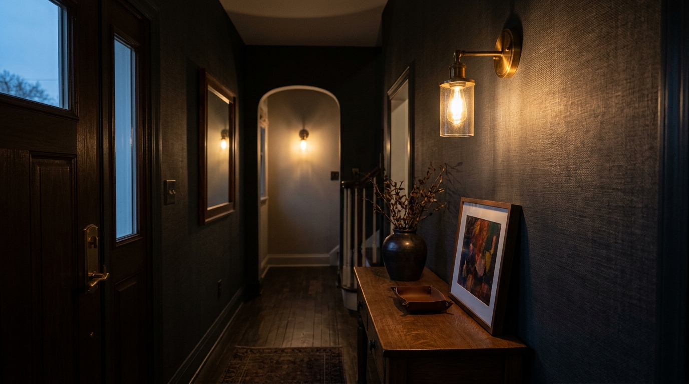 Atmospheric lighting design in a narrow foyer using 2700K warm sconces and directional shadow play to enhance Farrow and Ball paint tones.