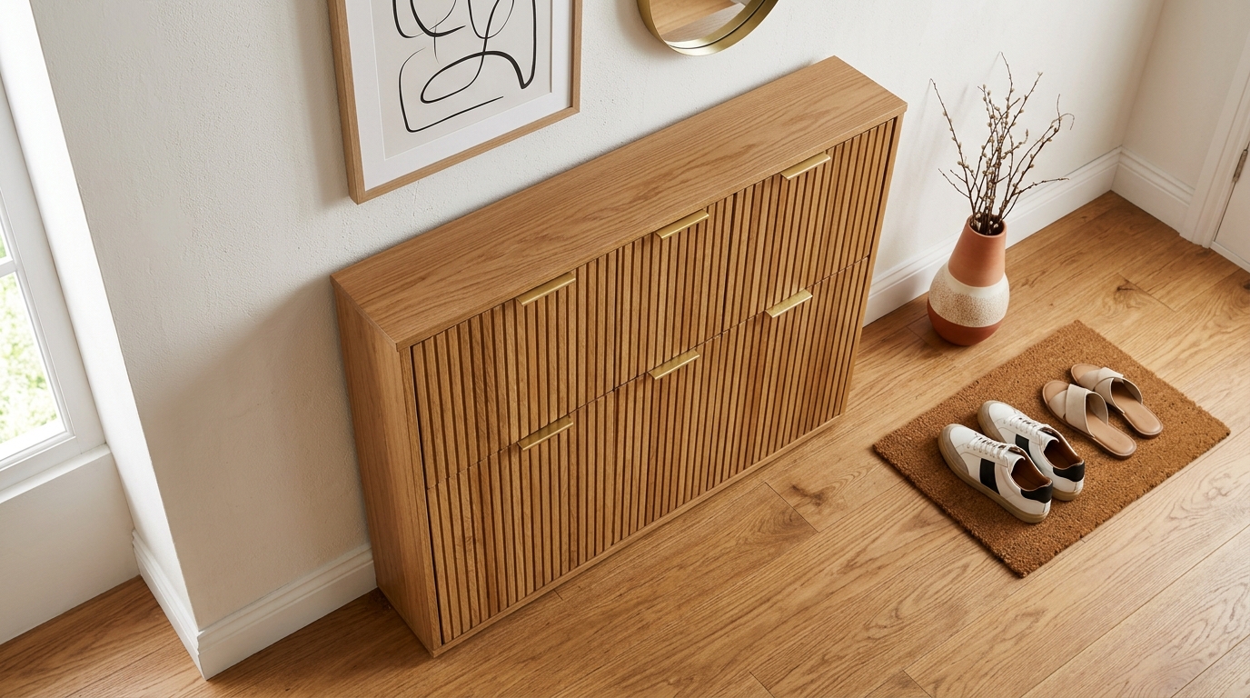 Slim entryway storage solutions showcasing a hidden shoe cabinet with fluted oak doors and recessed finger pulls in a bright foyer.
