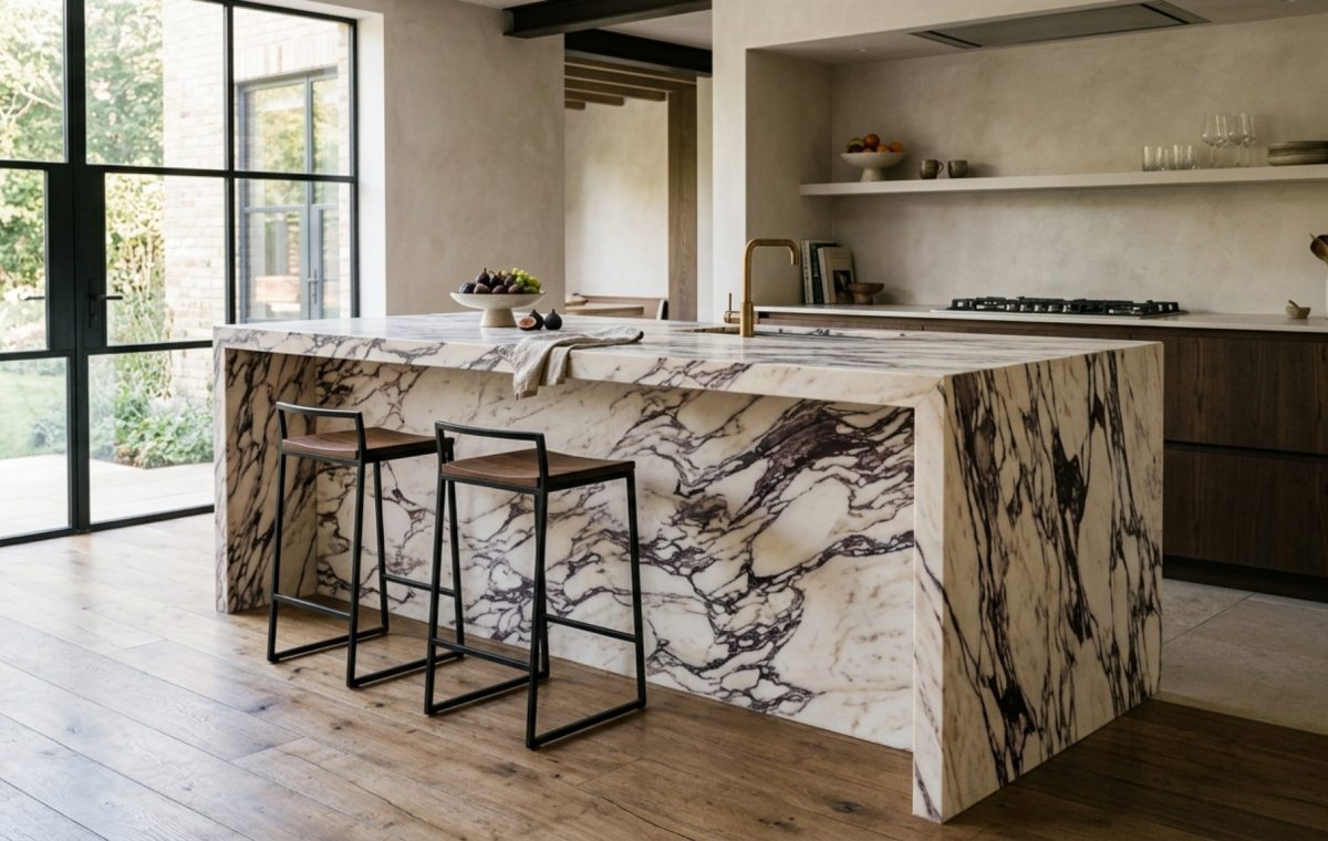 waterfall edge marble island in honed Calacatta Viola with seamless book-matched veining and integrated brass detailing.