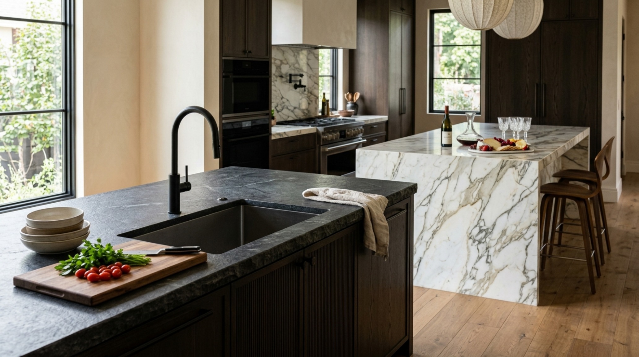 luxury double kitchen islands highlighting the contrast between a prep zone in Belgian Bluestone and a social zone in marble. luxury double kitchen islands highlighting the contrast between a prep zone in Belgian Bluestone and a social zone in marble.