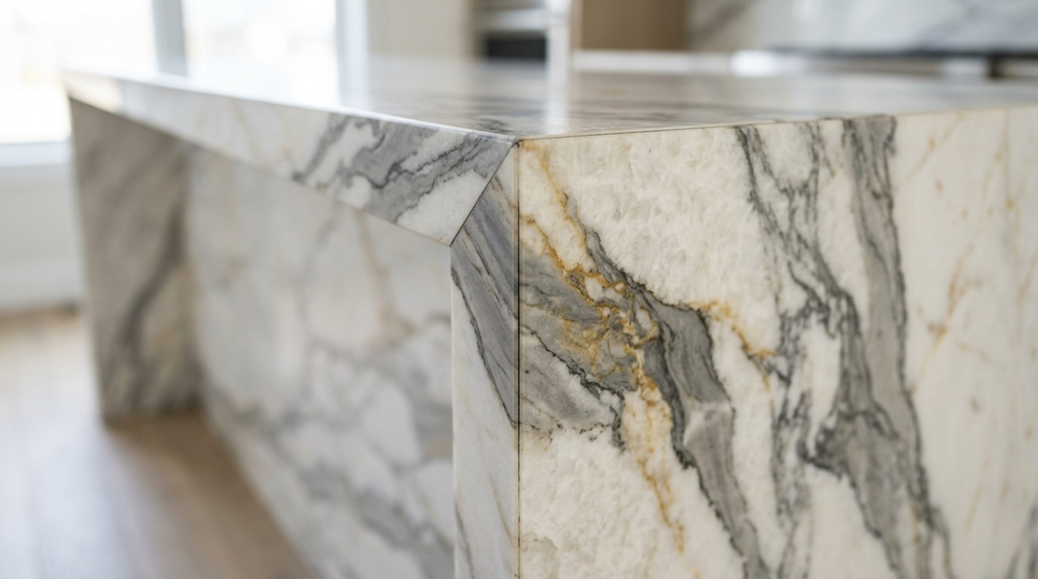 waterfall edge marble island close-up showing the precise 45-degree mitered joint and natural stone texture. waterfall edge marble island close-up showing the precise 45-degree mitered joint and natural stone texture.