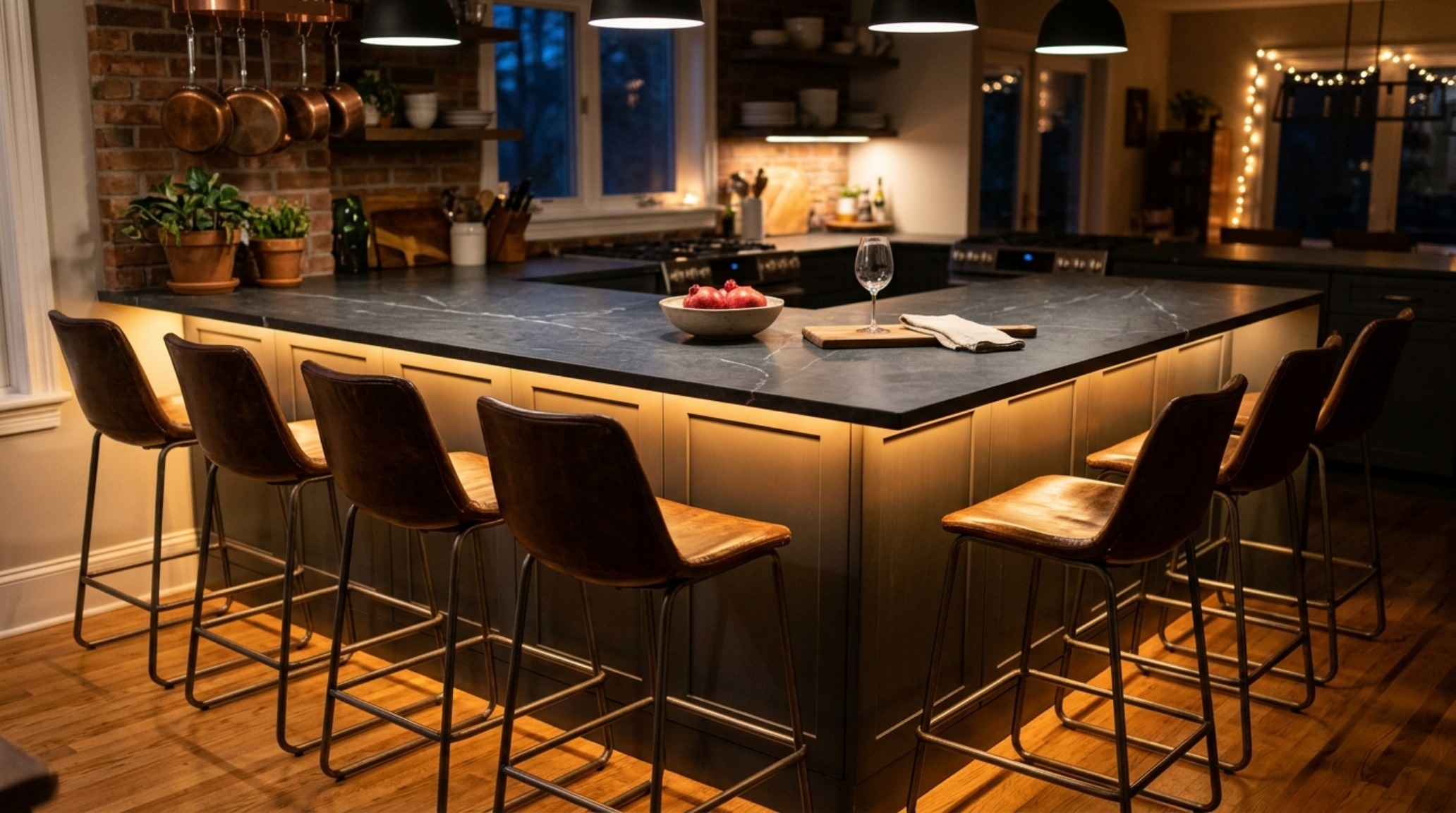kitchen island seating for 6 arranged in an L-shape to encourage conversation and improve spatial ergonomics. kitchen island seating for 6 arranged in an L-shape to encourage conversation and improve spatial ergonomics.