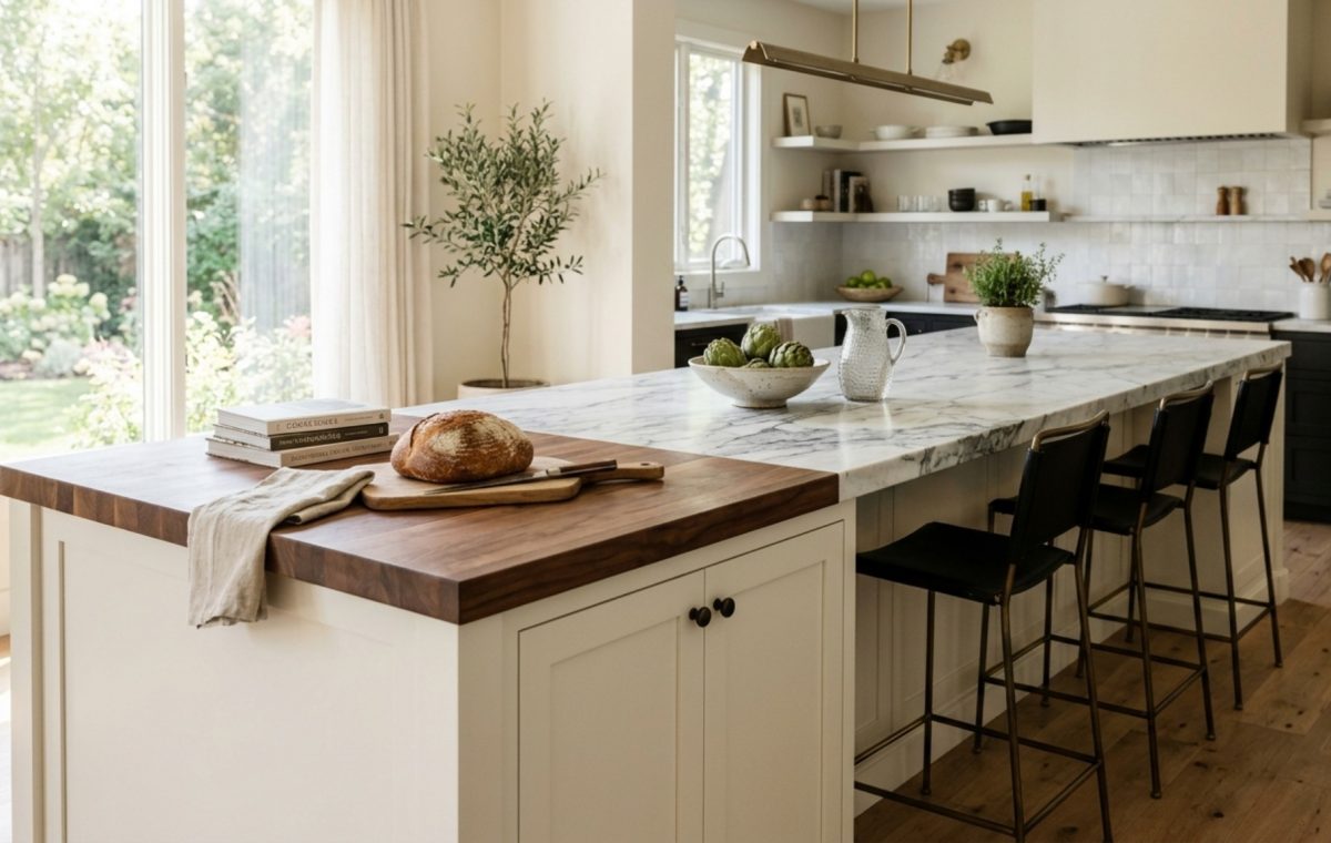 extra long kitchen island ideas featuring a 12-foot honed Arabescato marble slab with integrated walnut butcher block in a sun-drenched modern kitchen.