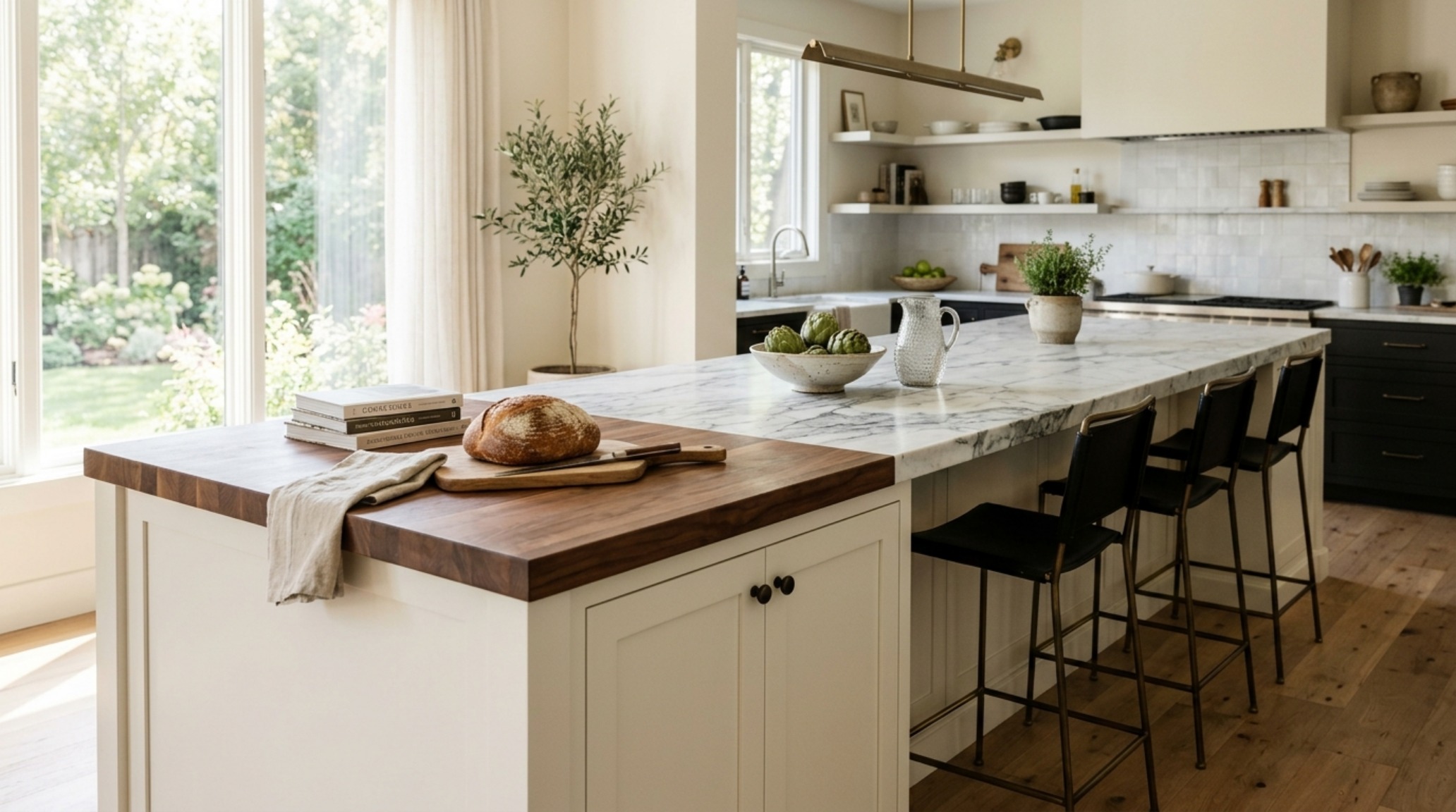 extra long kitchen island ideas featuring a 12-foot honed Arabescato marble slab with integrated walnut butcher block in a sun-drenched modern kitchen. extra long kitchen island ideas featuring a 12-foot honed Arabescato marble slab with integrated walnut butcher block in a sun-drenched modern kitchen.