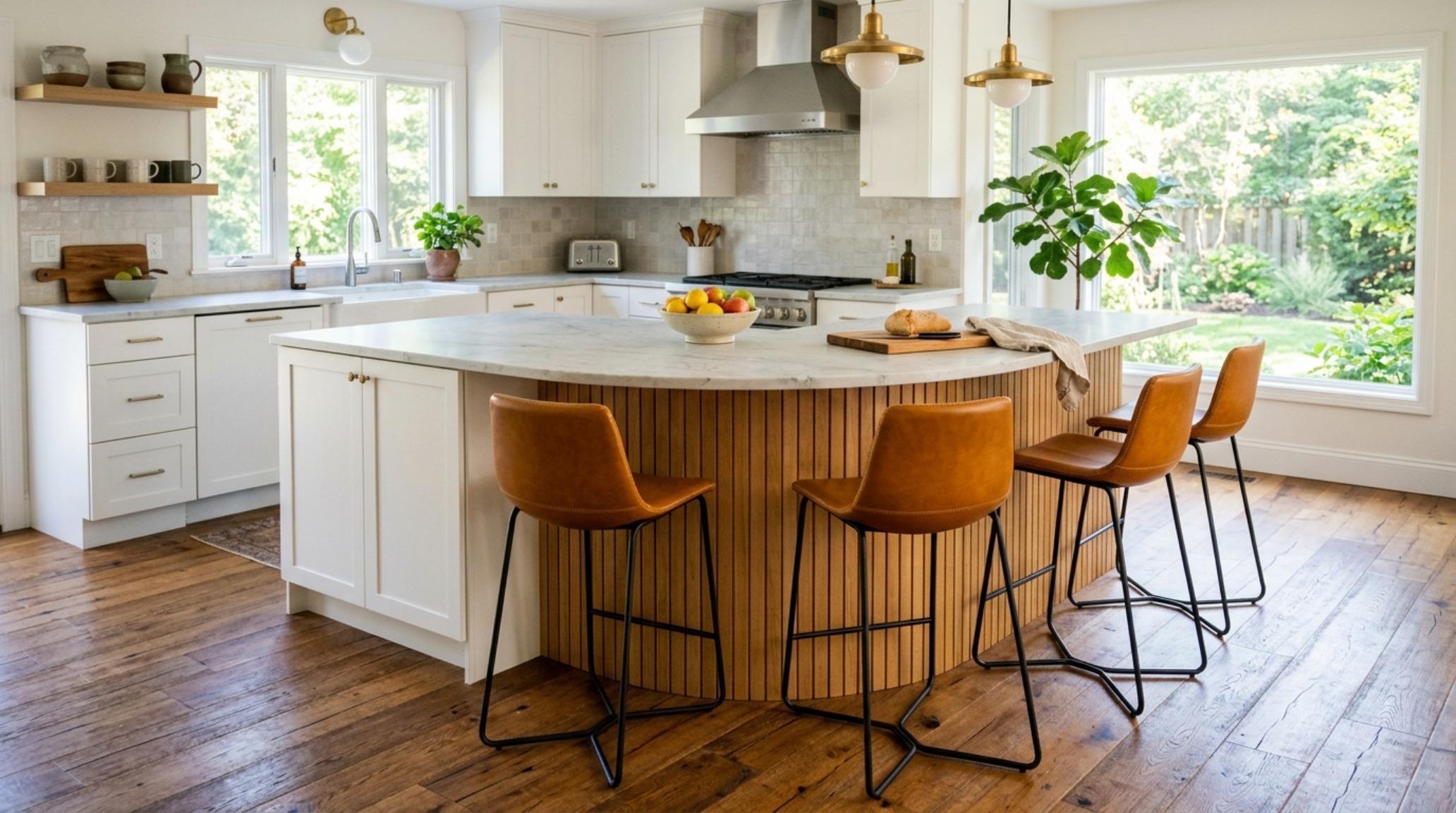 conversational kitchen island seating with an L-shaped curved oak return and leather-upholstered stools in a warm, textured interior. conversational kitchen island seating with an L-shaped curved oak return and leather-upholstered stools in a warm, textured interior.