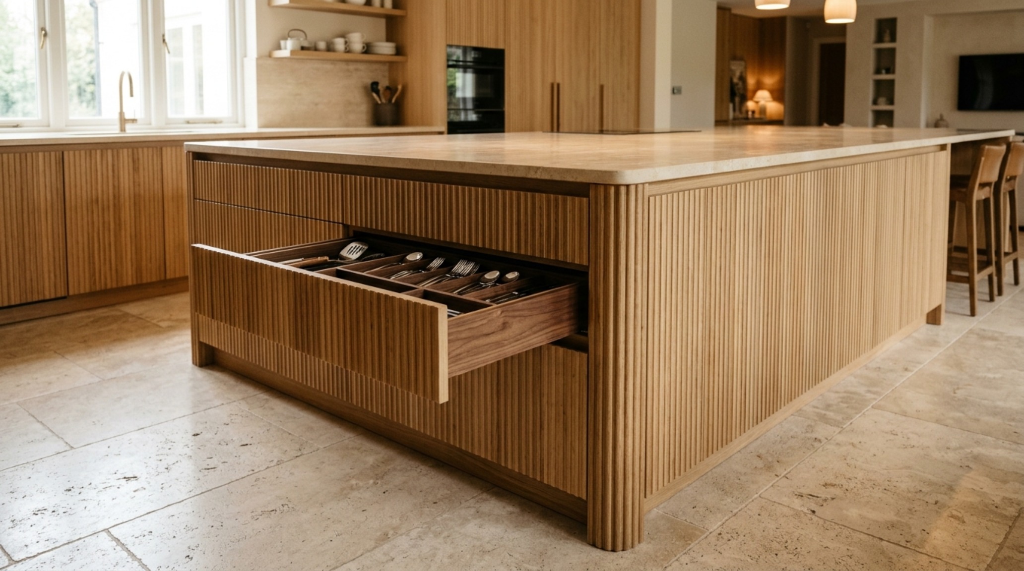 oversized kitchen island with storage including seamless touch-to-open fluted wood cabinetry and an integrated wine fridge in a charcoal-toned kitchen. oversized kitchen island with storage including seamless touch-to-open fluted wood cabinetry and an integrated wine fridge in a charcoal-toned kitchen.