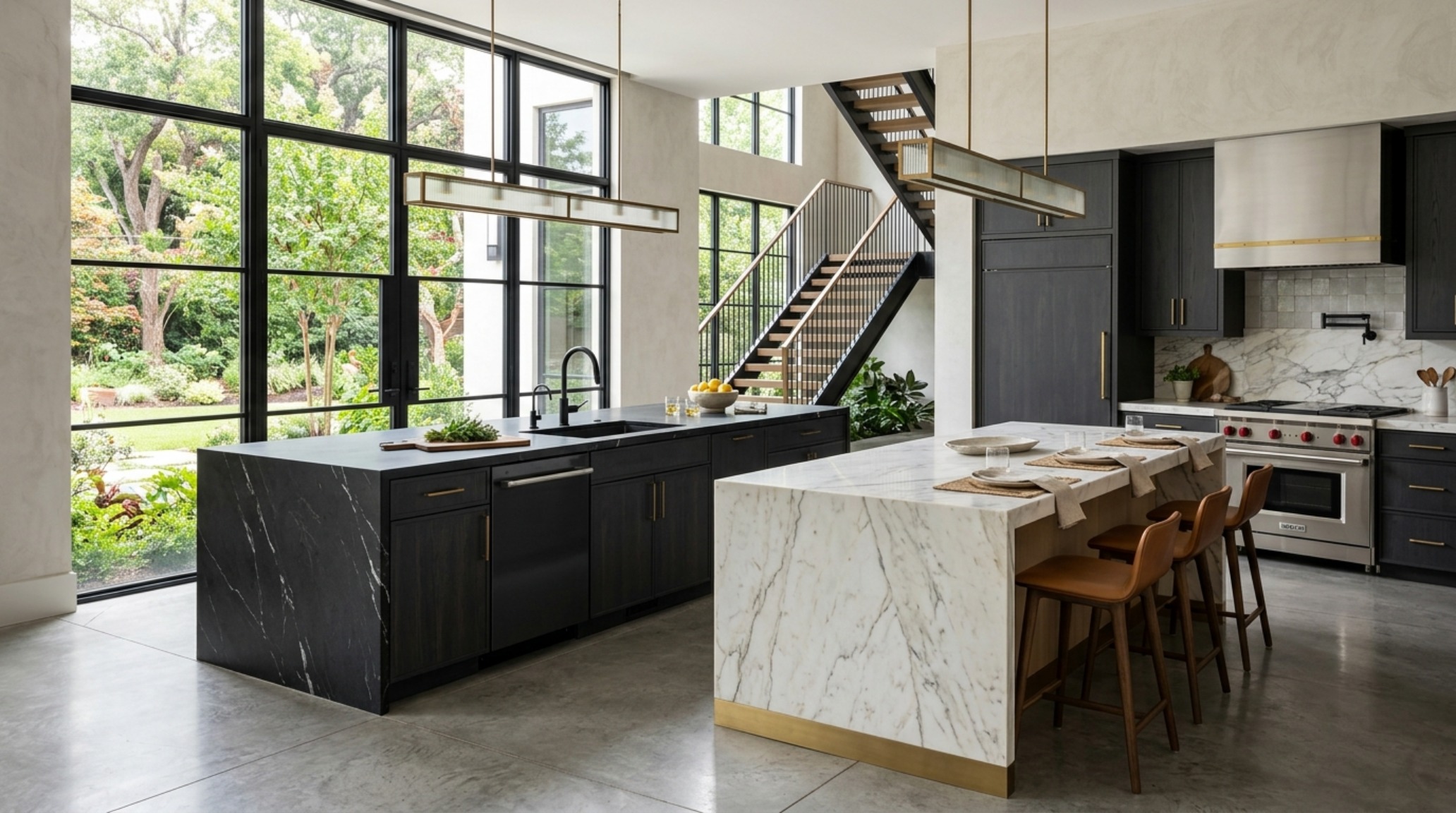 double kitchen island trends showcasing a dedicated prep island in dark granite paired with an entertaining island in white marble with 48-inch clearances. double kitchen island trends showcasing a dedicated prep island in dark granite paired with an entertaining island in white marble with 48-inch clearances.
