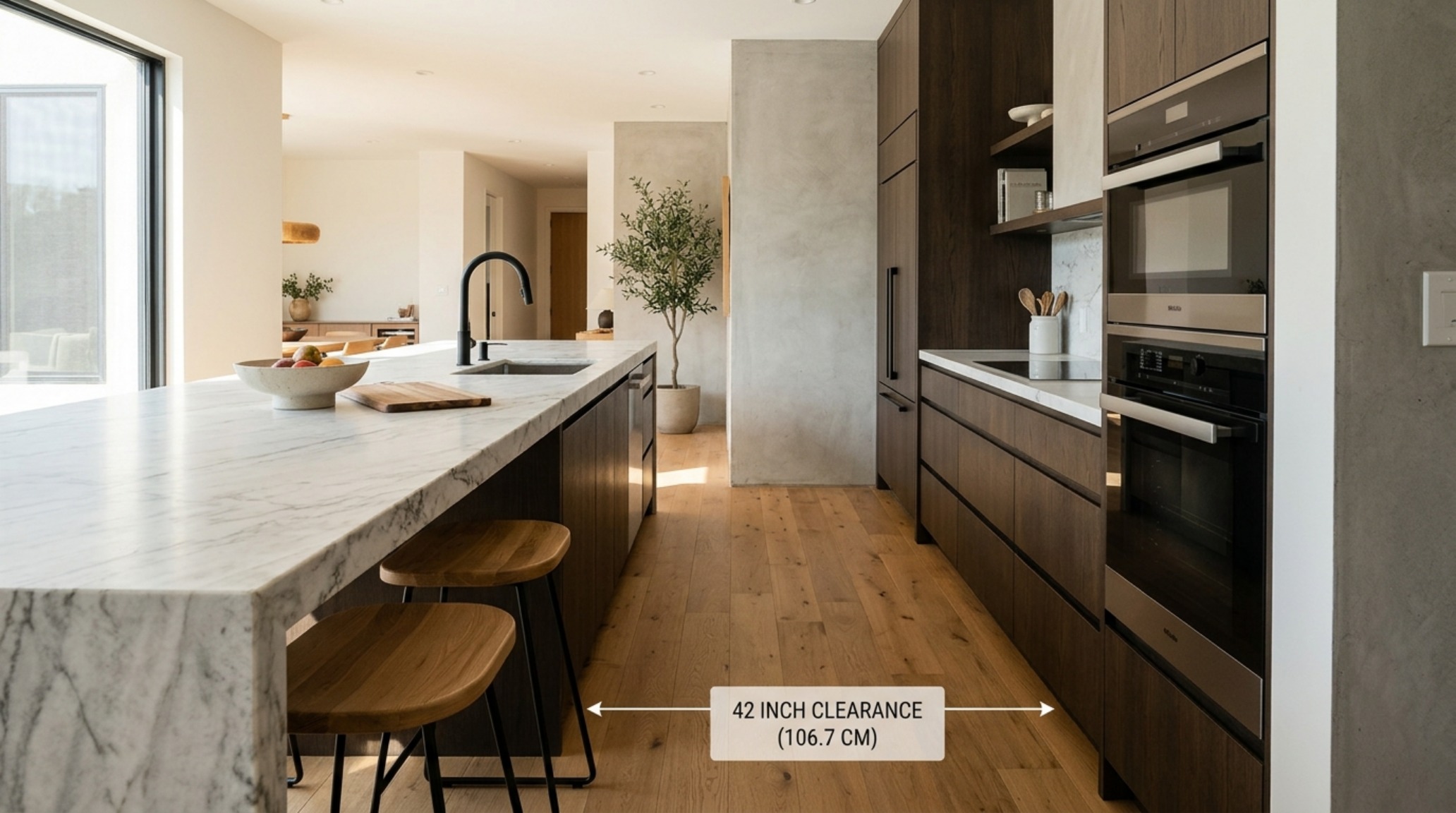 kitchen island clearance dimensions illustrated by a wide 42-inch walkway between a monolithic island and floor-to-ceiling pantry cabinetry. kitchen island clearance dimensions illustrated by a wide 42-inch walkway between a monolithic island and floor-to-ceiling pantry cabinetry.