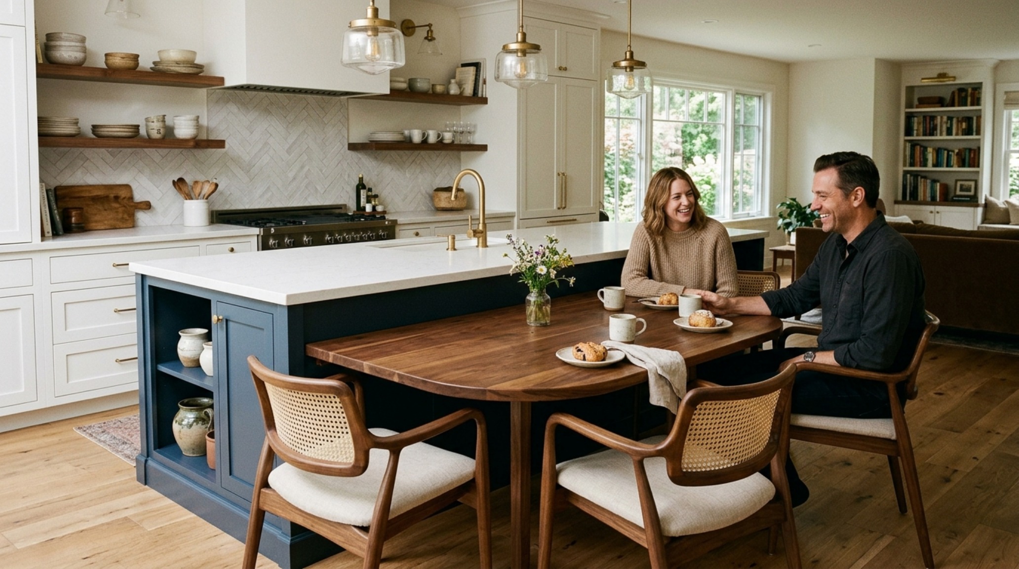 conversational kitchen island seating integrated into a dropped dining-height table at the end of a massive stone island for intimate family gatherings. conversational kitchen island seating integrated into a dropped dining-height table at the end of a massive stone island for intimate family gatherings.