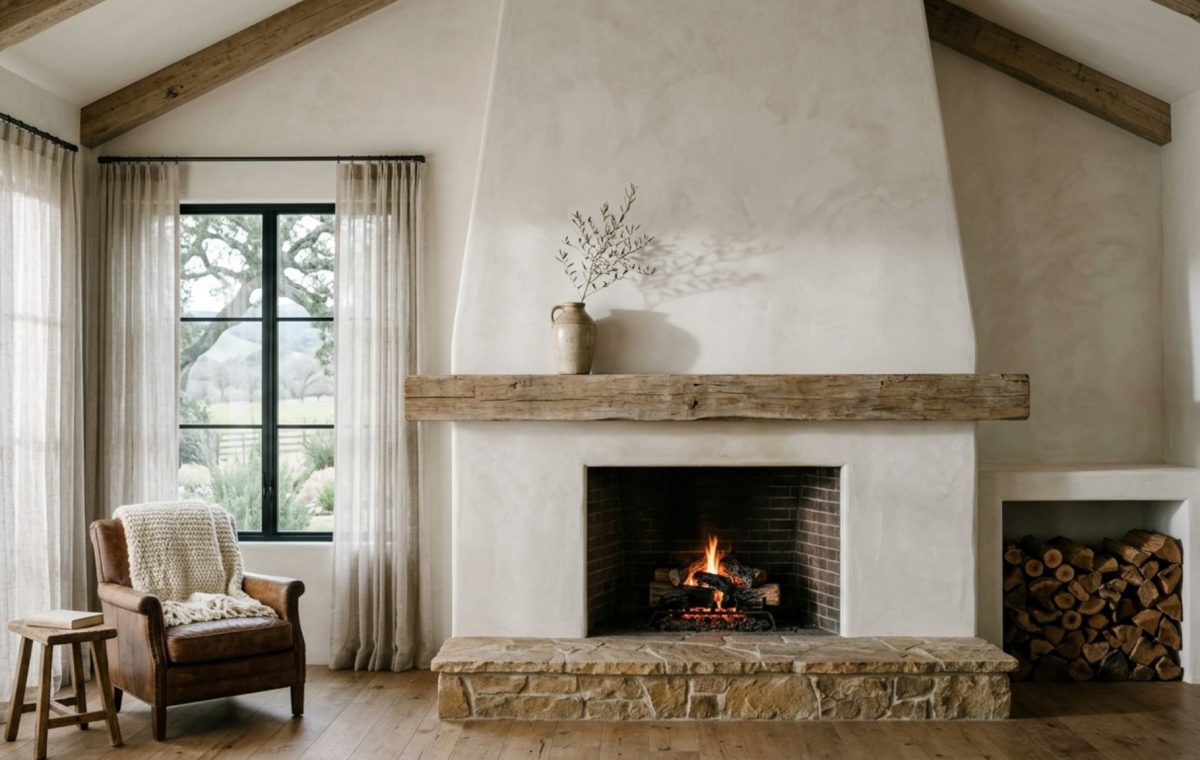 High-contrast organic modern farmhouse living room featuring a floor-to-ceiling Portola Paints limewash fireplace and a chunky hand-hewn white oak mantel with minimalist styling.