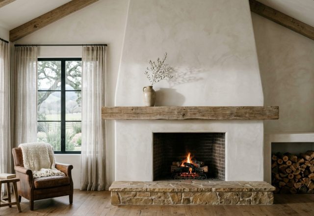 High-contrast organic modern farmhouse living room featuring a floor-to-ceiling Portola Paints limewash fireplace and a chunky hand-hewn white oak mantel with minimalist styling.