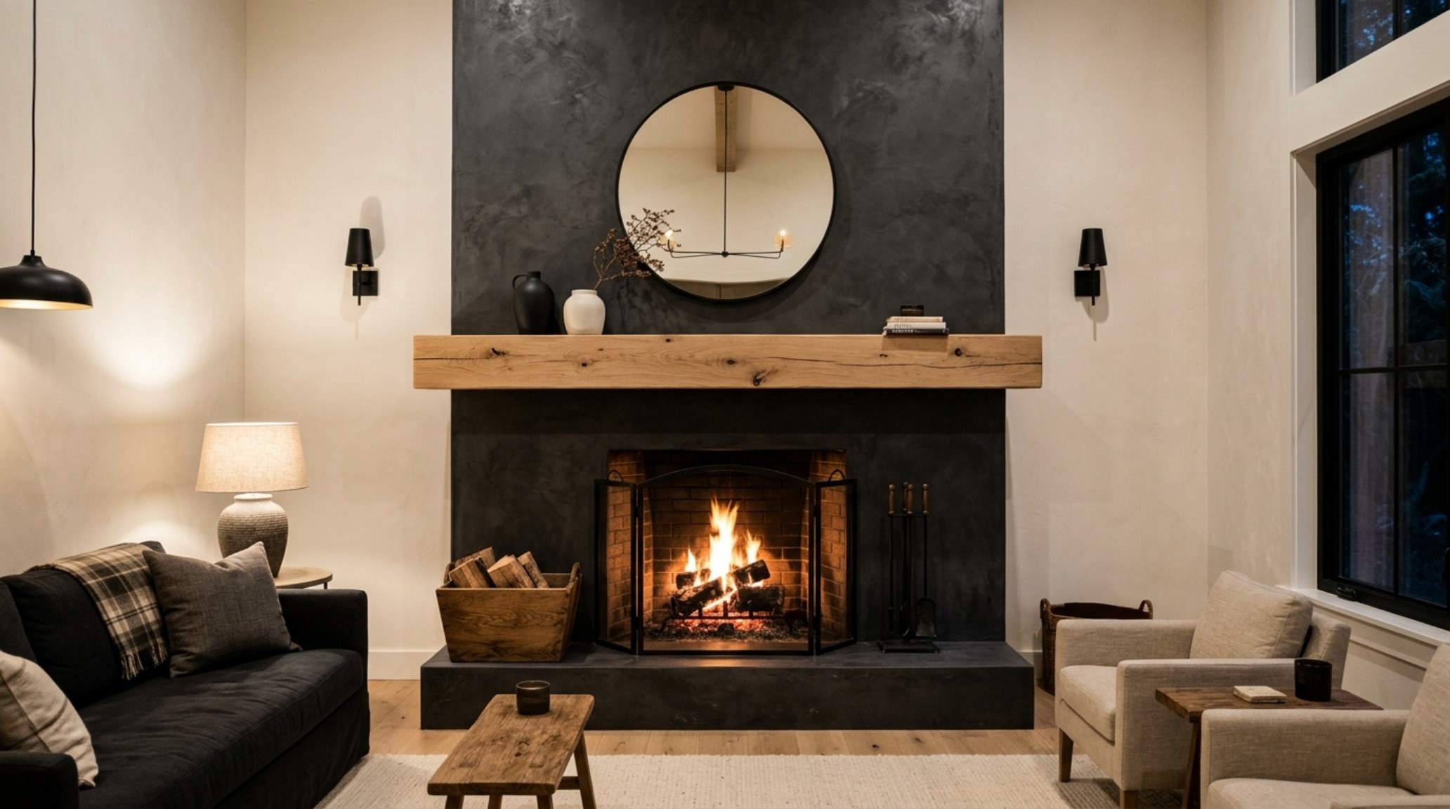 Black farmhouse fireplace contrast featuring a dark charcoal plaster finish and a light oak mantel, illustrating the power of high-contrast materiality.